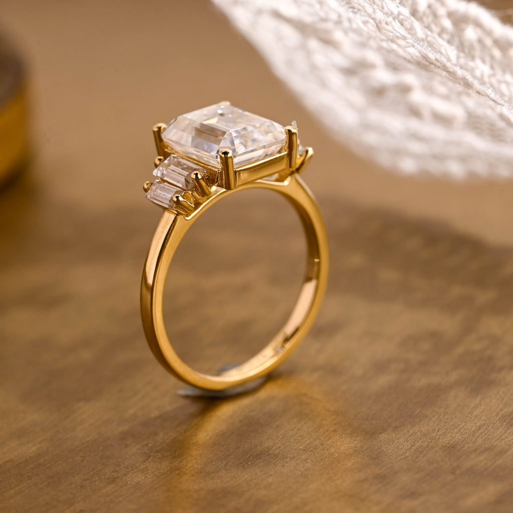 SquareJewelry emerald cut moissanite engagement ring Solid Gold Baguette Accents Emerald Cut Moissanite Engagement Ring