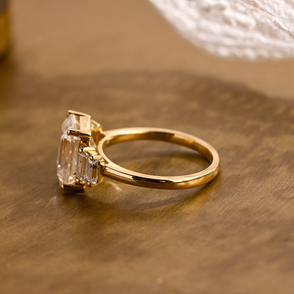 SquareJewelry emerald cut moissanite engagement ring Solid Gold Baguette Accents Emerald Cut Moissanite Engagement Ring