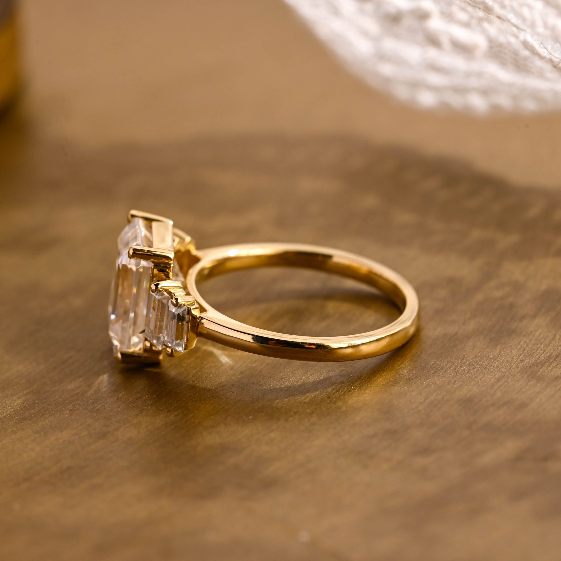 SquareJewelry emerald cut moissanite engagement ring Solid Gold Baguette Accents Emerald Cut Moissanite Engagement Ring