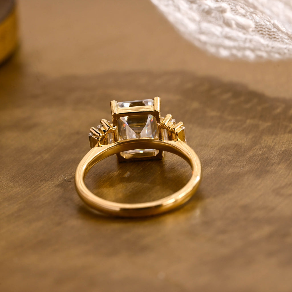 SquareJewelry emerald cut moissanite engagement ring Solid Gold Baguette Accents Emerald Cut Moissanite Engagement Ring