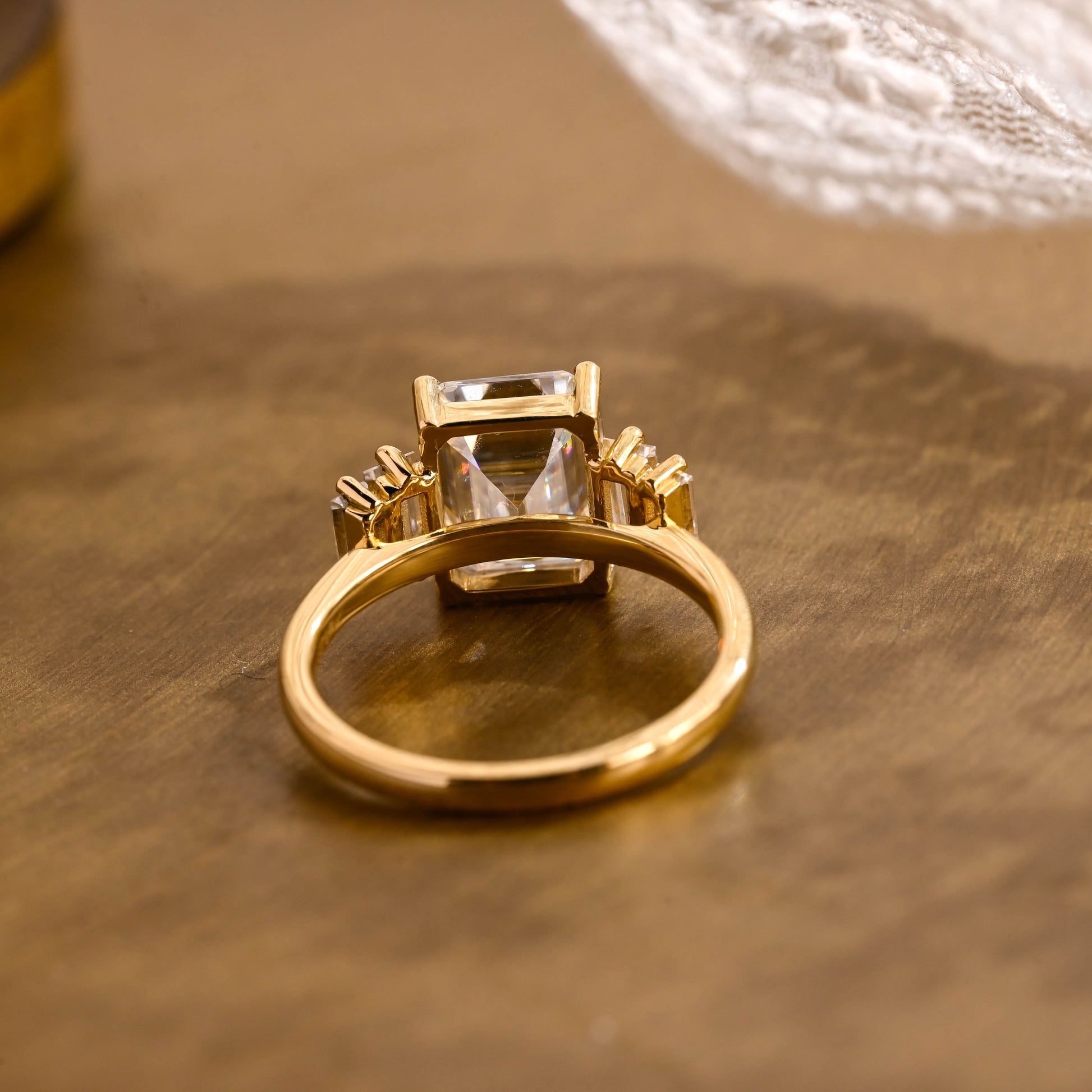 SquareJewelry emerald cut moissanite engagement ring Solid Gold Baguette Accents Emerald Cut Moissanite Engagement Ring