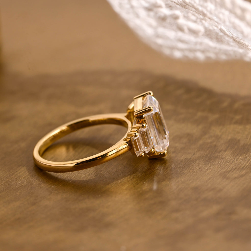 SquareJewelry emerald cut moissanite engagement ring Solid Gold Baguette Accents Emerald Cut Moissanite Engagement Ring