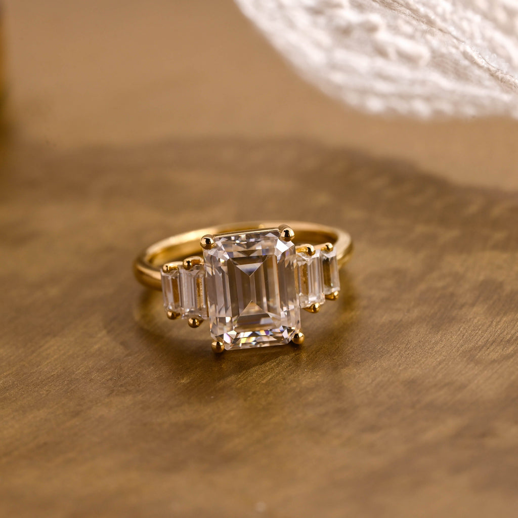 SquareJewelry emerald cut moissanite engagement ring Solid Gold Baguette Accents Emerald Cut Moissanite Engagement Ring