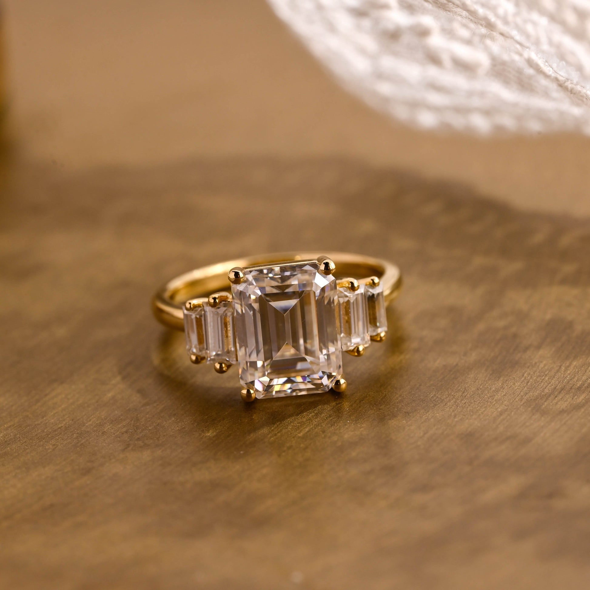 SquareJewelry emerald cut moissanite engagement ring Solid Gold Baguette Accents Emerald Cut Moissanite Engagement Ring