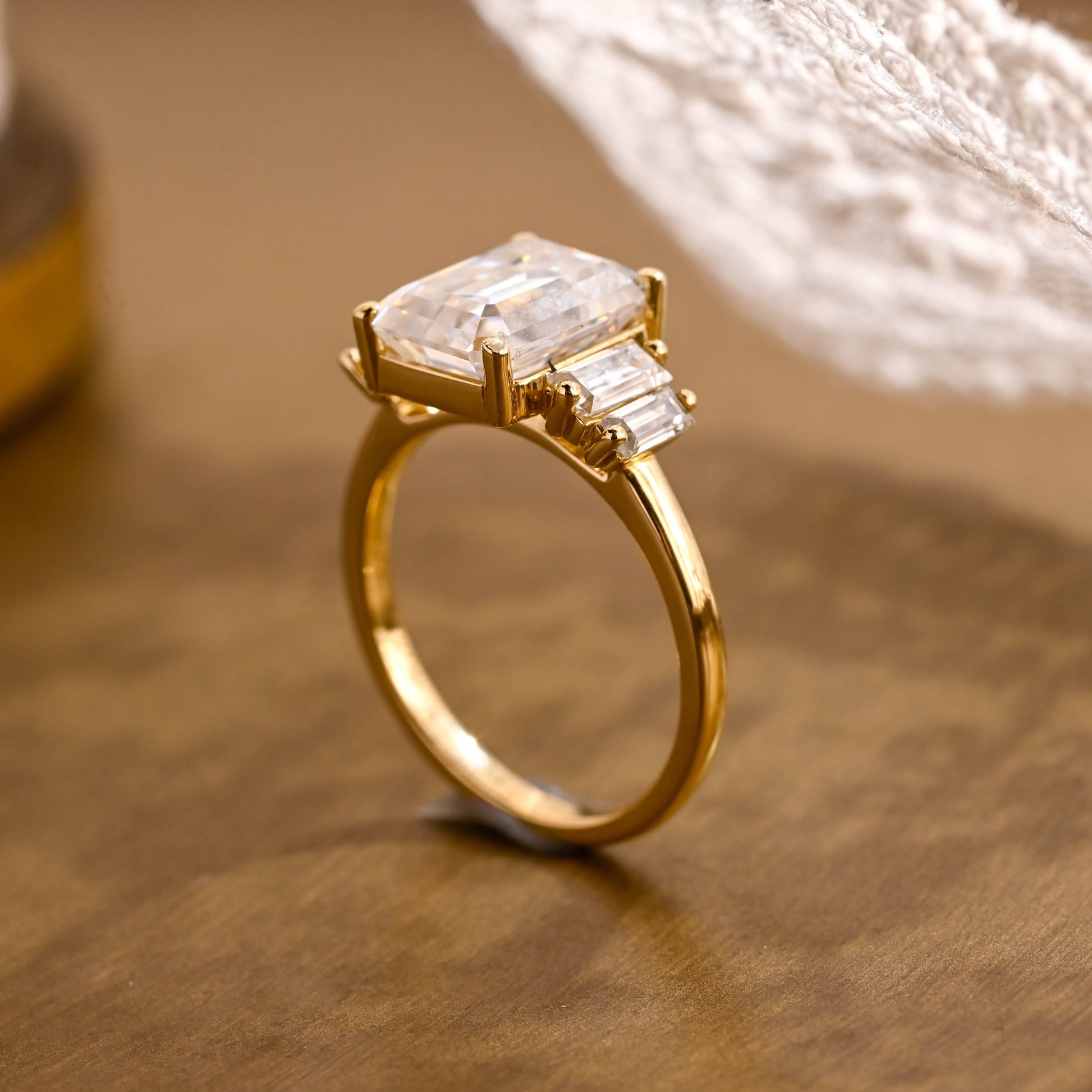 SquareJewelry emerald cut moissanite engagement ring Solid Gold Baguette Accents Emerald Cut Moissanite Engagement Ring