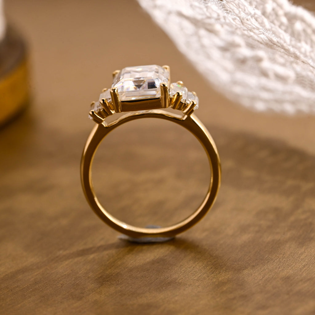 SquareJewelry emerald cut moissanite engagement ring Solid Gold Baguette Accents Emerald Cut Moissanite Engagement Ring
