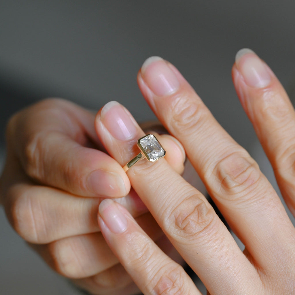 SquareJewelry emerald cut moissanite engagement ring Solid Gold Bezel Emerald Cut Moissanite Engagement Ring