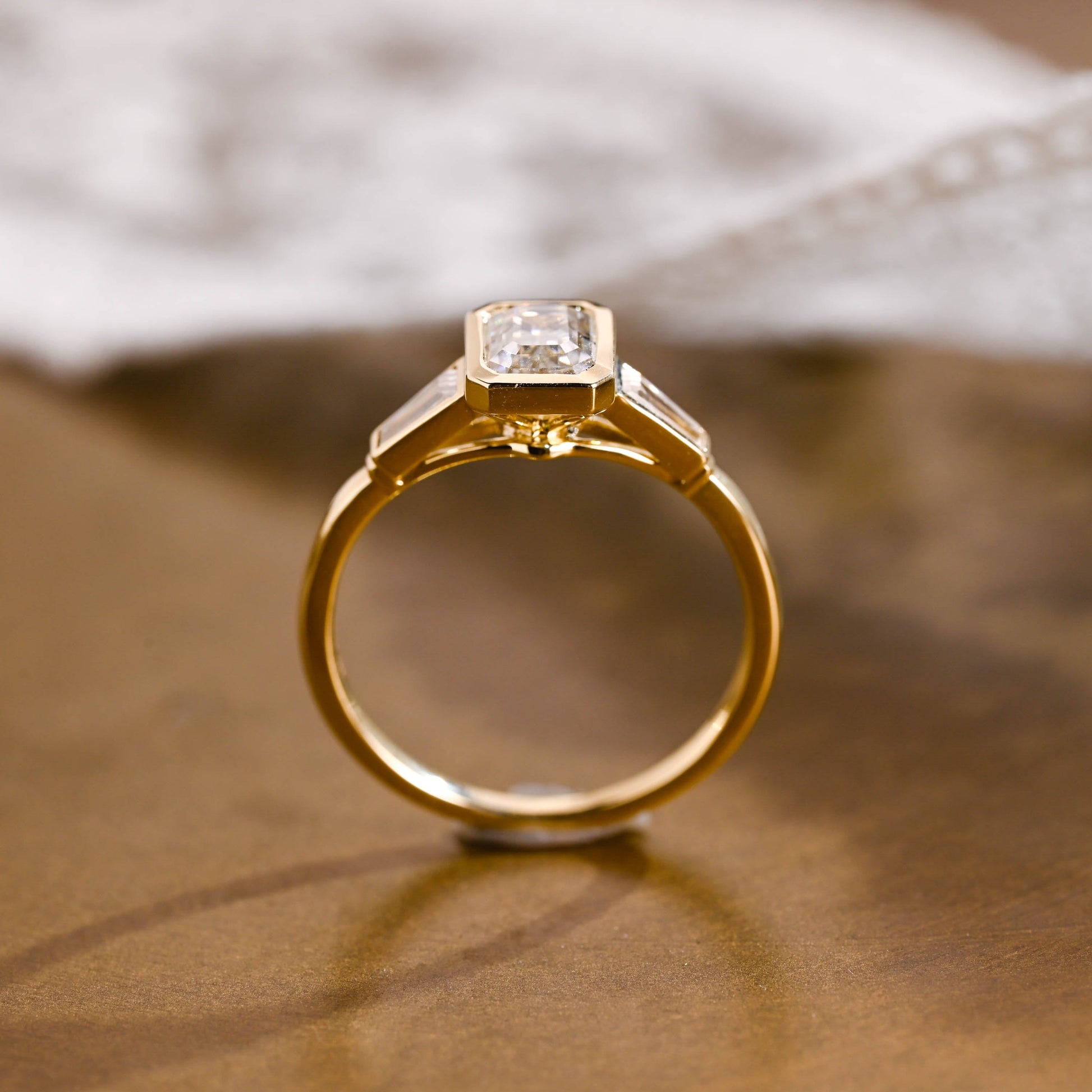 SquareJewelry emerald cut moissanite engagement ring Solid Gold Bezel Three Stone Emerald Cut Moissanite Engagement Ring