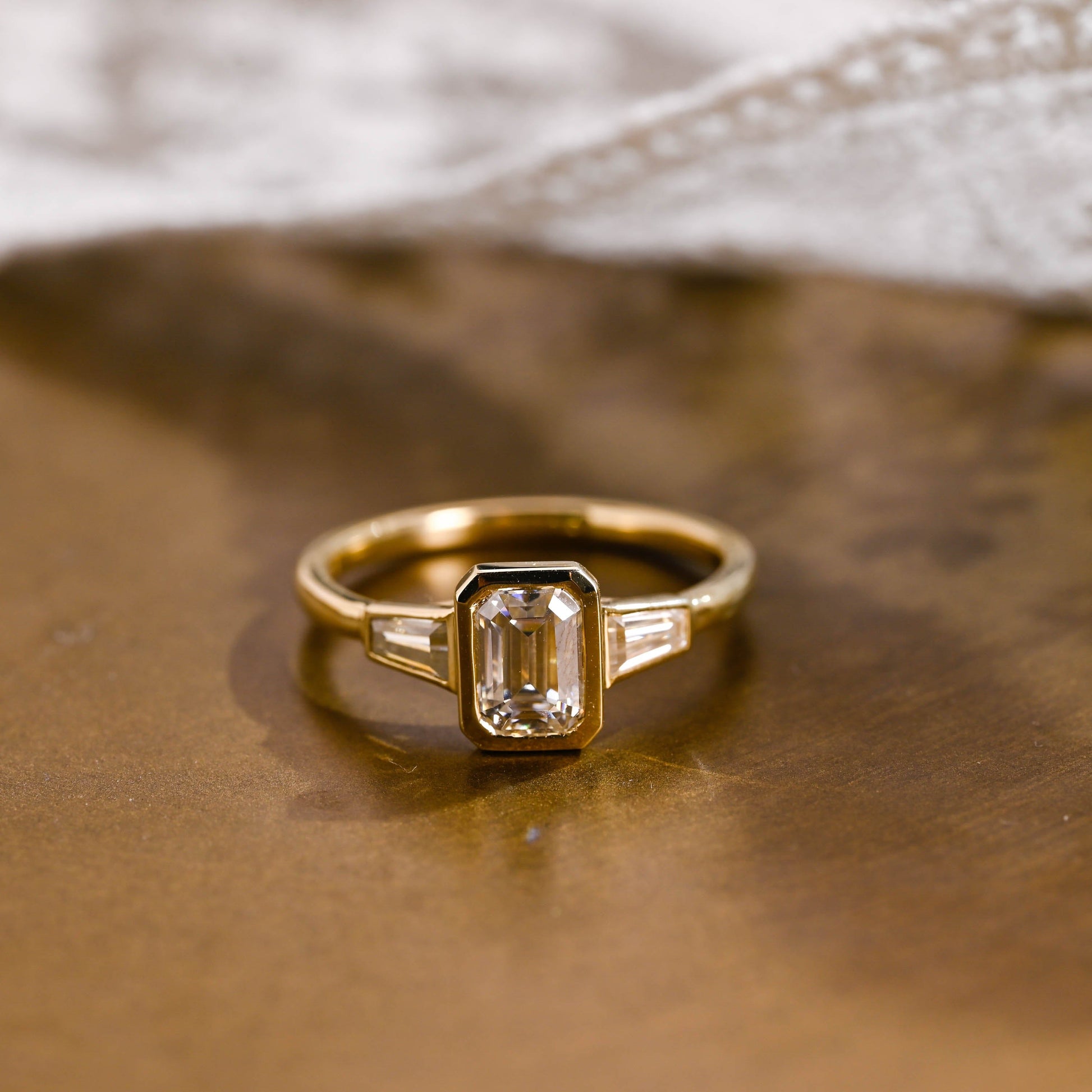 SquareJewelry emerald cut moissanite engagement ring Solid Gold Bezel Three Stone Emerald Cut Moissanite Engagement Ring