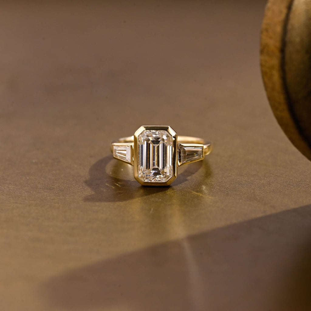 SquareJewelry emerald cut moissanite engagement ring Solid Gold Bezel Three Stone Emerald Cut Moissanite Engagement Ring