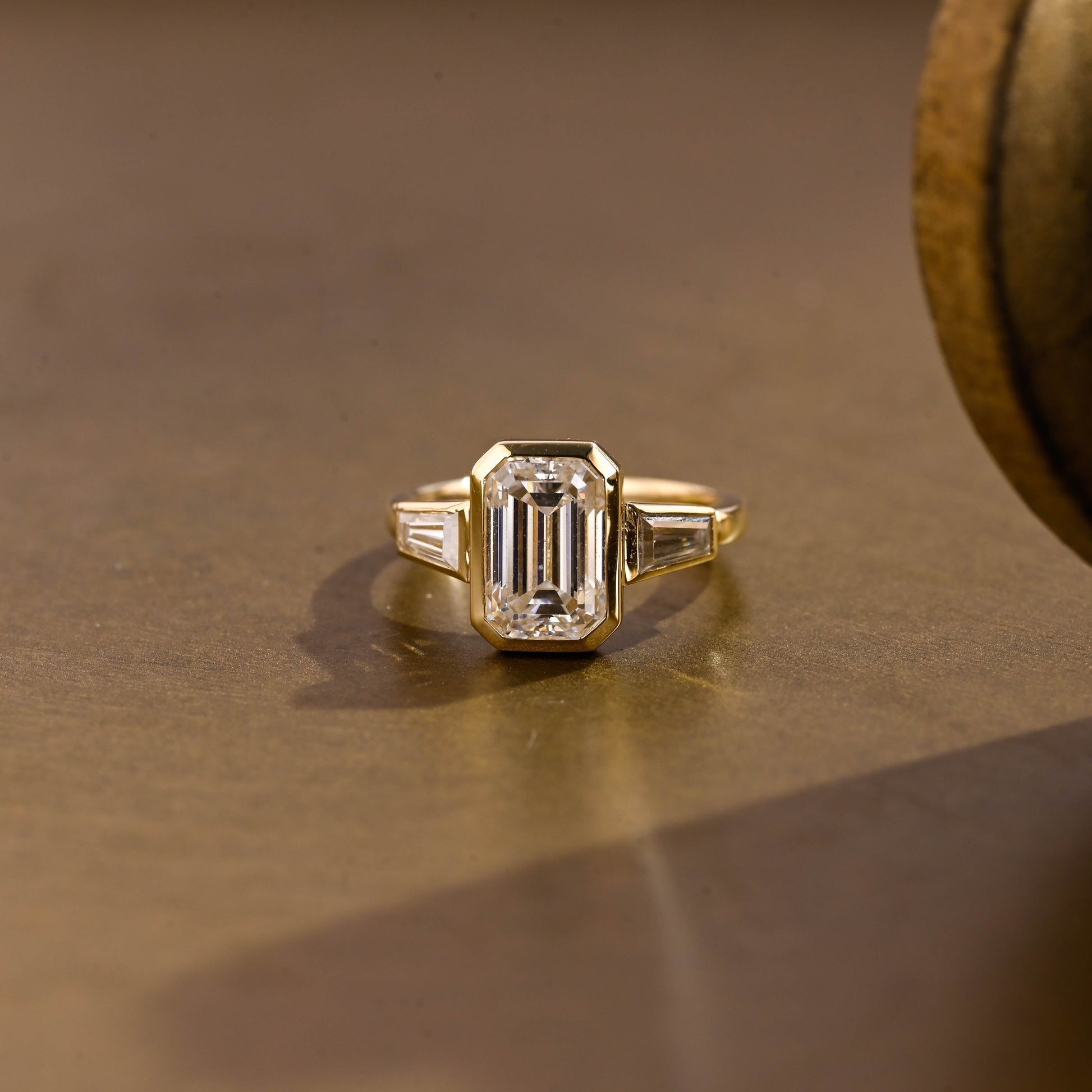 SquareJewelry emerald cut moissanite engagement ring Solid Gold Bezel Three Stone Emerald Cut Moissanite Engagement Ring