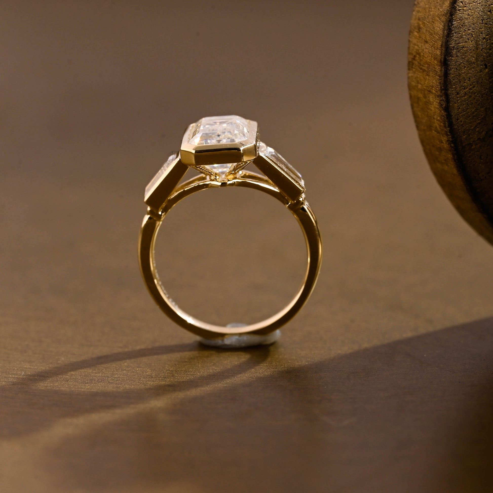 SquareJewelry emerald cut moissanite engagement ring Solid Gold Bezel Three Stone Emerald Cut Moissanite Engagement Ring