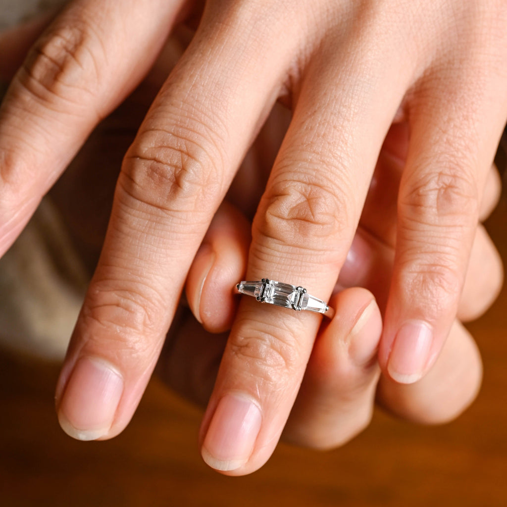 SquareJewelry emerald cut moissanite engagement ring Solid Gold East West Emerald Cut Moissanite Engagement Ring