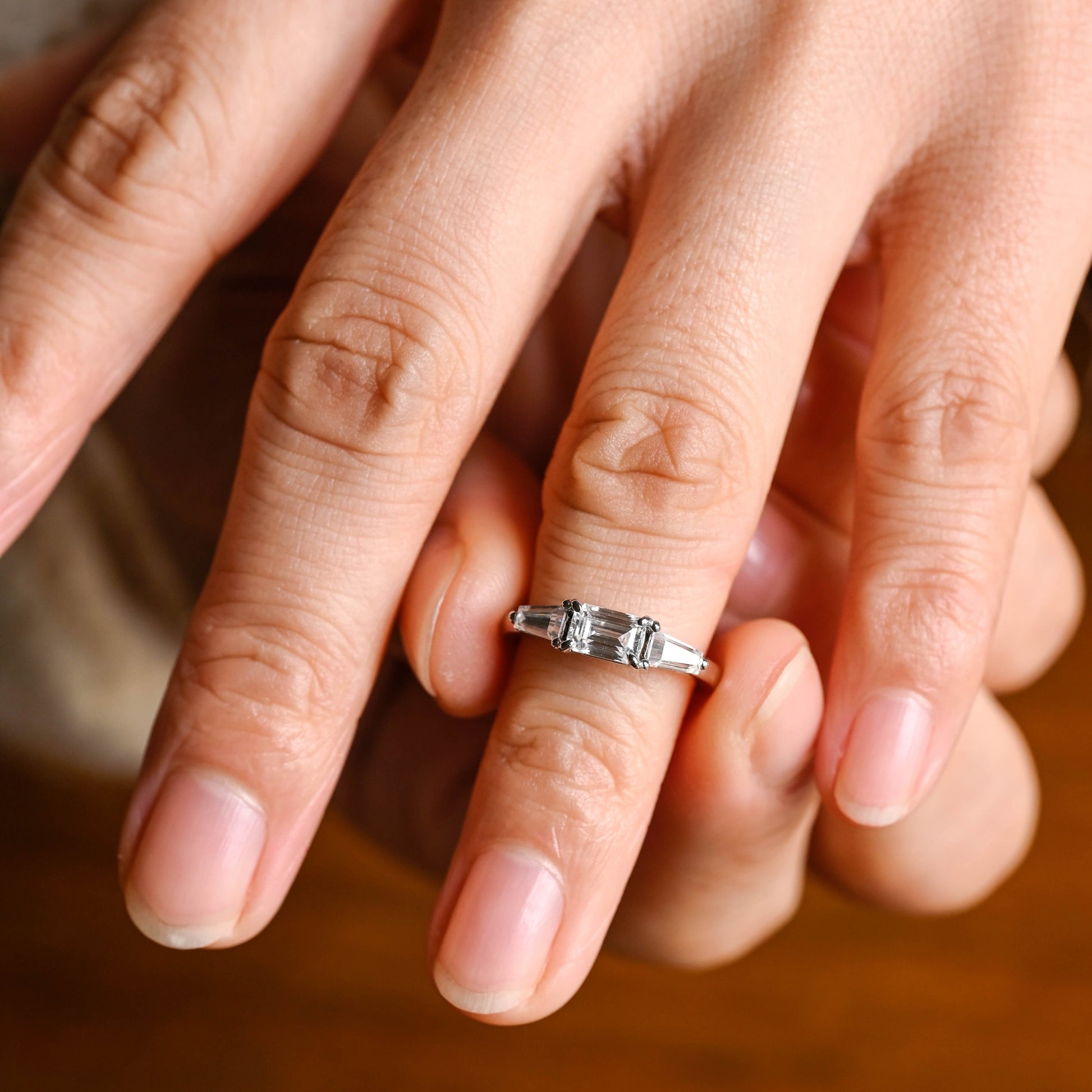 SquareJewelry emerald cut moissanite engagement ring Solid Gold East West Emerald Cut Moissanite Engagement Ring