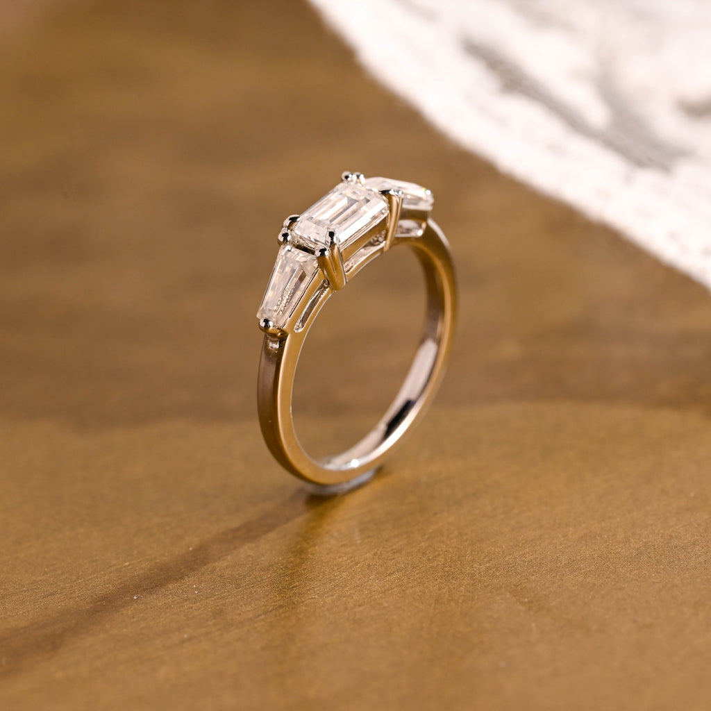SquareJewelry emerald cut moissanite engagement ring Solid Gold East West Emerald Cut Moissanite Engagement Ring