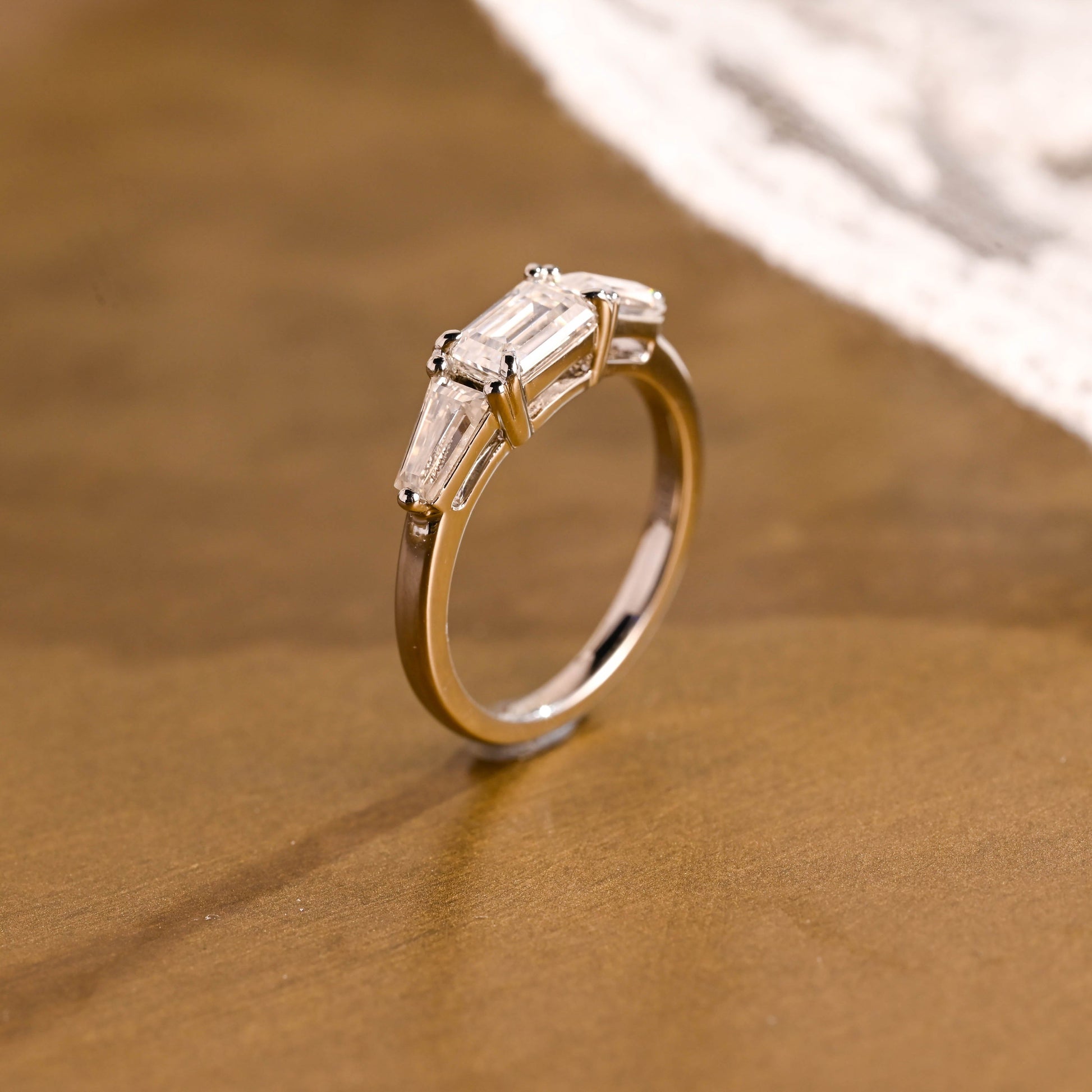 SquareJewelry emerald cut moissanite engagement ring Solid Gold East West Emerald Cut Moissanite Engagement Ring