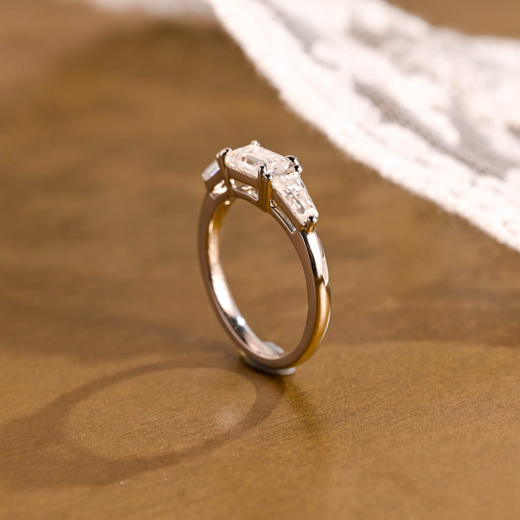 SquareJewelry emerald cut moissanite engagement ring Solid Gold East West Emerald Cut Moissanite Engagement Ring
