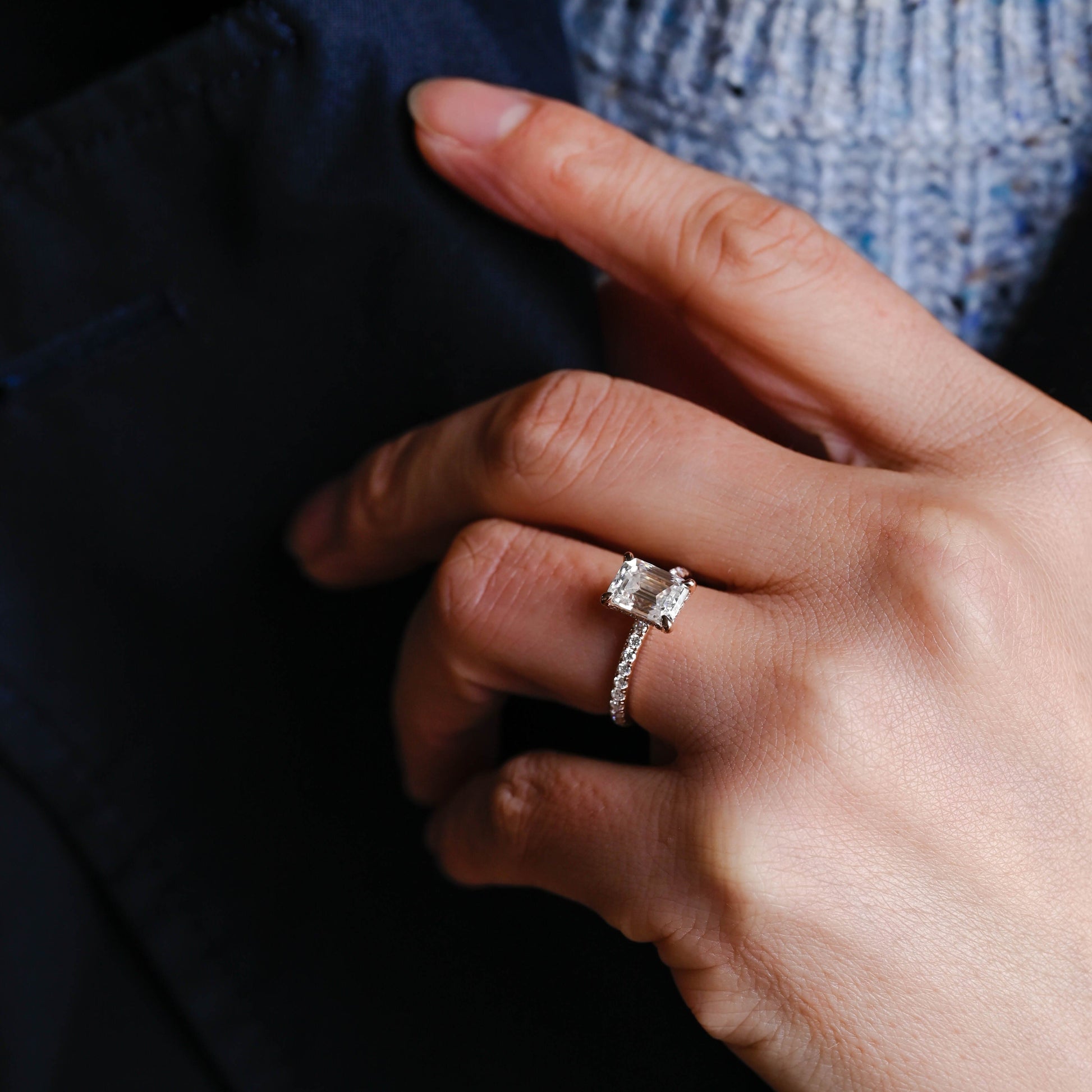 SquareJewelry emerald cut moissanite engagement ring Solid Gold Hidden Halo Emerald Cut Moissanite Engagement Ring With Paved Prongs