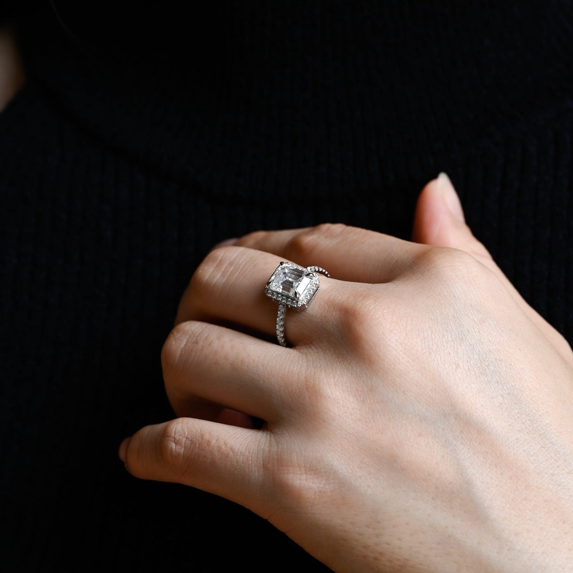 SquareJewelry emerald cut moissanite engagement ring Solid Gold Pave Halo Emerald Cut Moissanite Engagement Ring