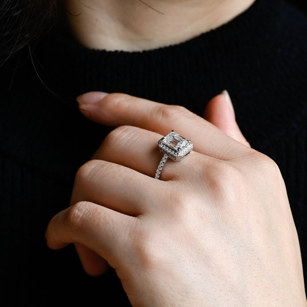 SquareJewelry emerald cut moissanite engagement ring Solid Gold Pave Halo Emerald Cut Moissanite Engagement Ring