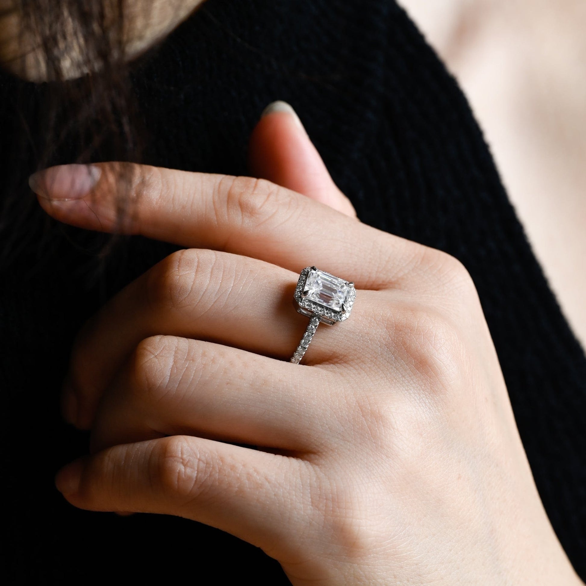 SquareJewelry emerald cut moissanite engagement ring Solid Gold Pave Halo Emerald Cut Moissanite Engagement Ring