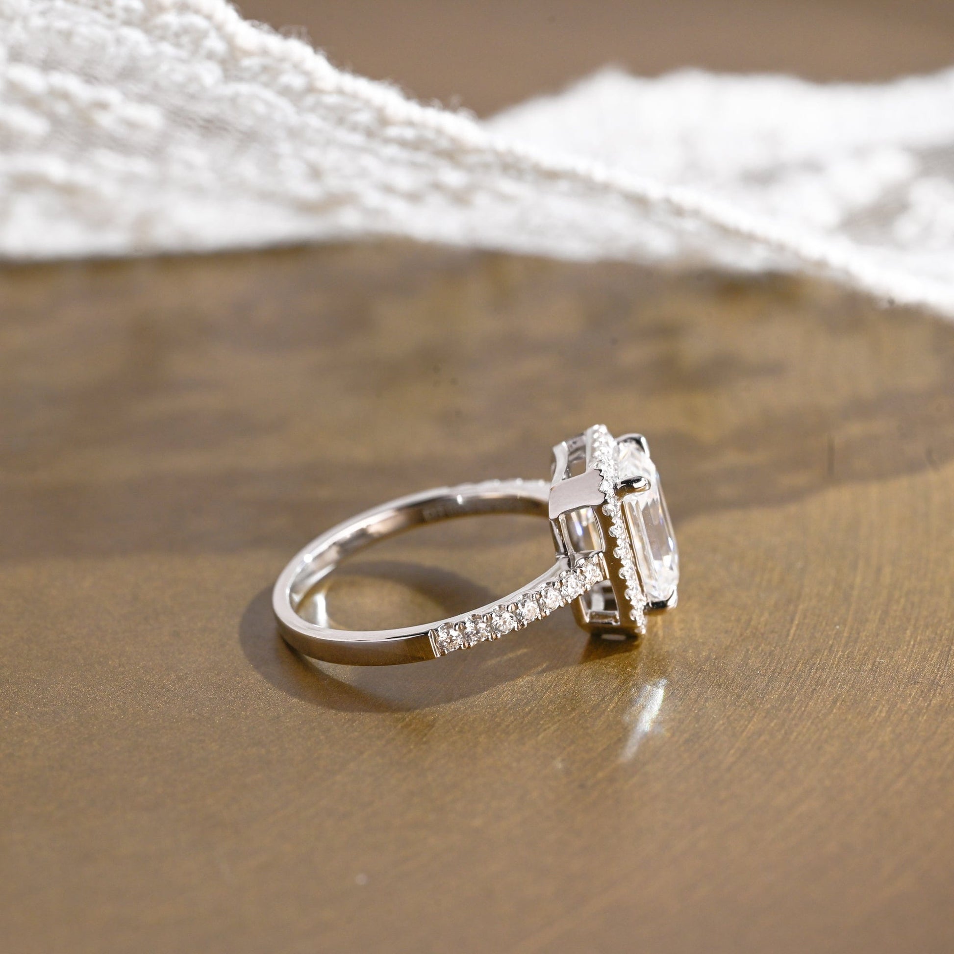 SquareJewelry emerald cut moissanite engagement ring Solid Gold Pave Halo Emerald Cut Moissanite Engagement Ring