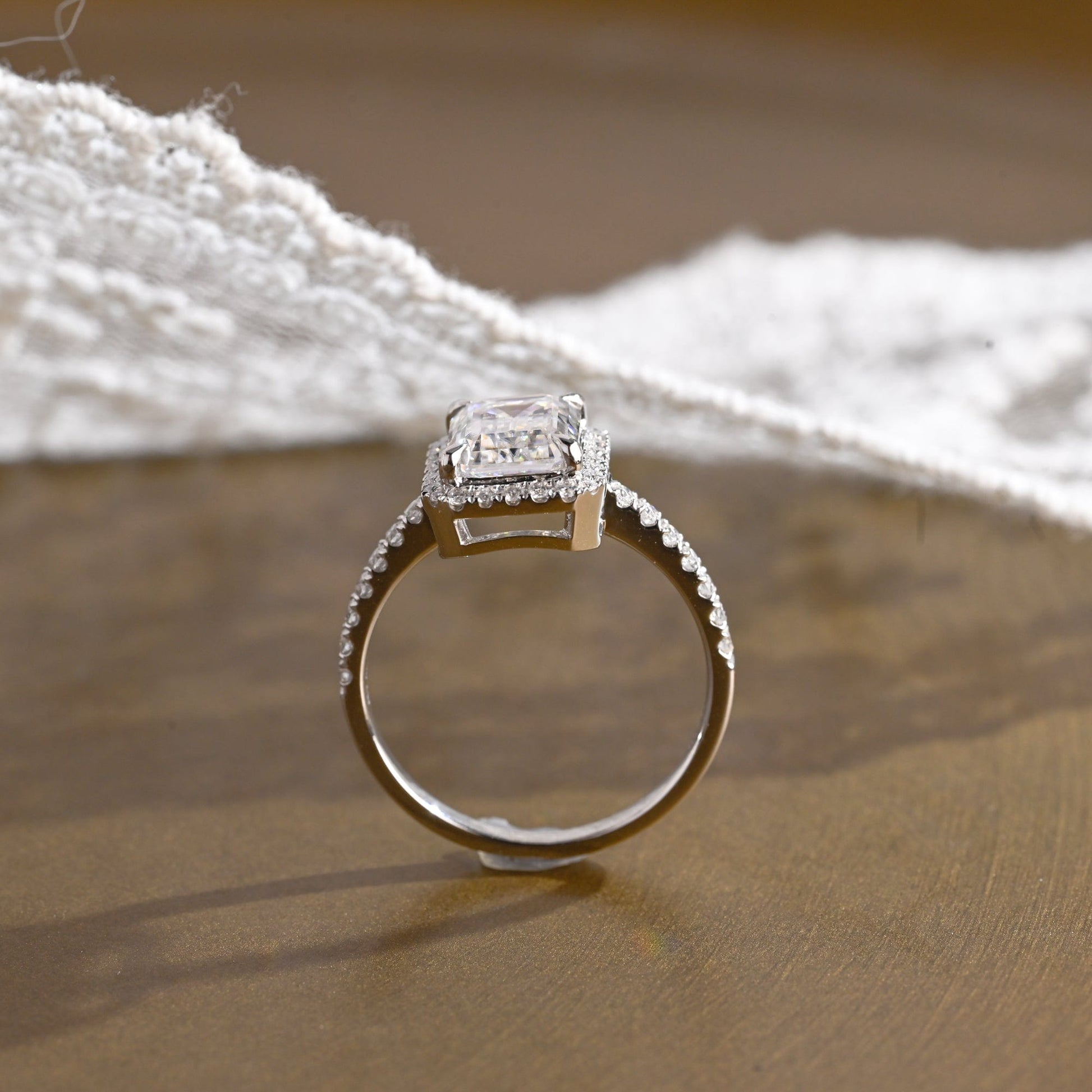 SquareJewelry emerald cut moissanite engagement ring Solid Gold Pave Halo Emerald Cut Moissanite Engagement Ring