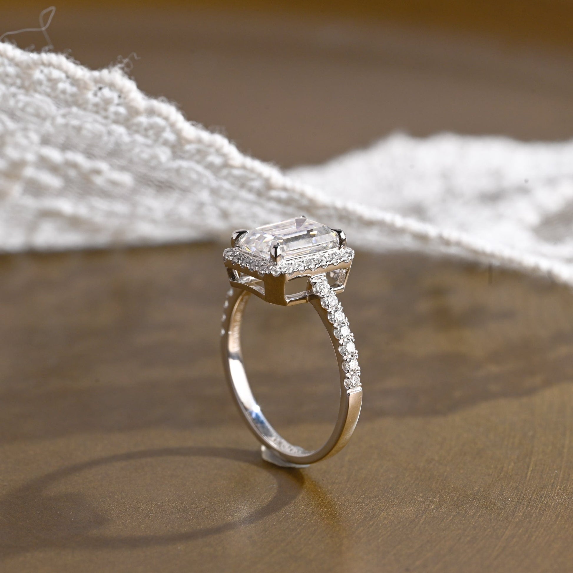 SquareJewelry emerald cut moissanite engagement ring Solid Gold Pave Halo Emerald Cut Moissanite Engagement Ring
