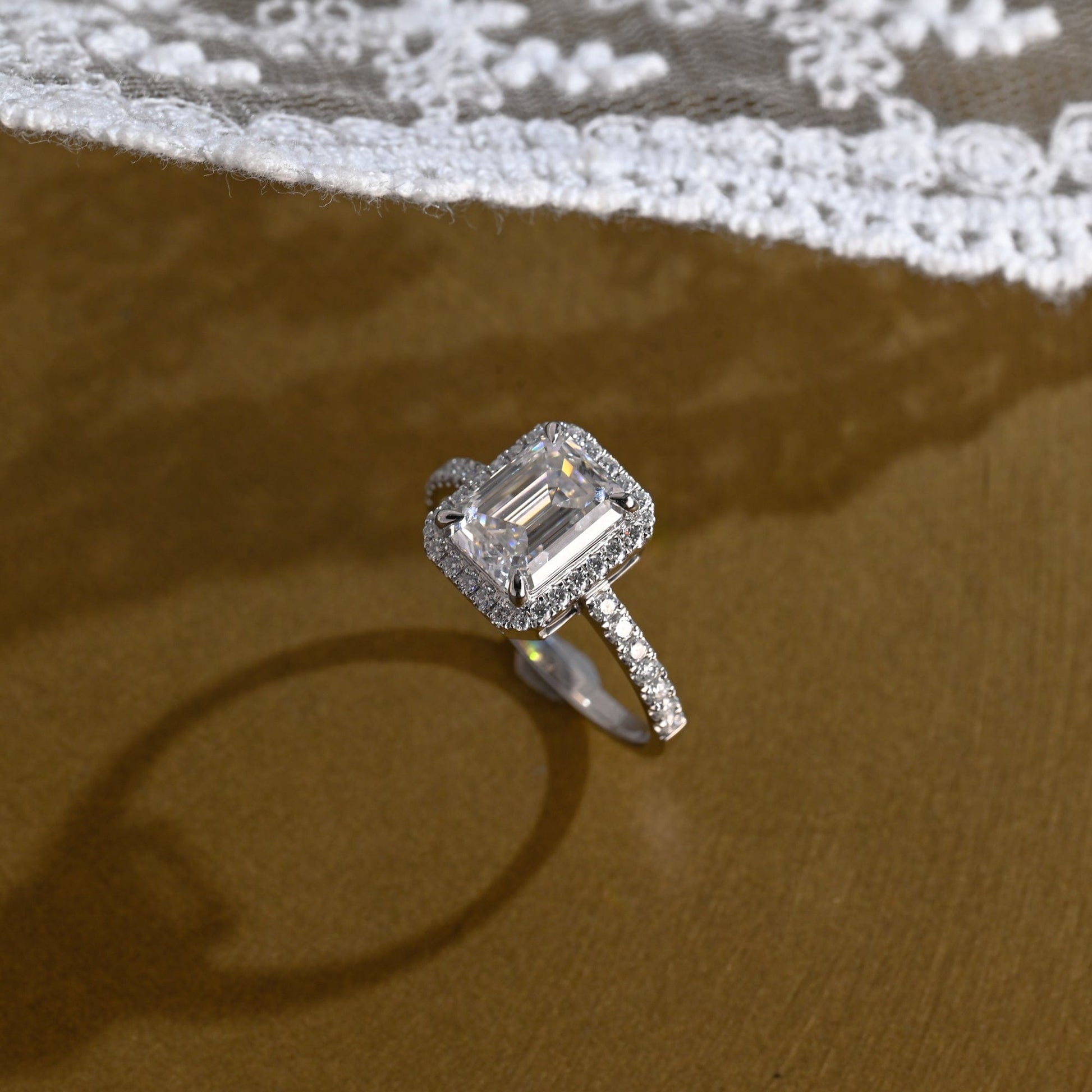 SquareJewelry emerald cut moissanite engagement ring Solid Gold Pave Halo Emerald Cut Moissanite Engagement Ring