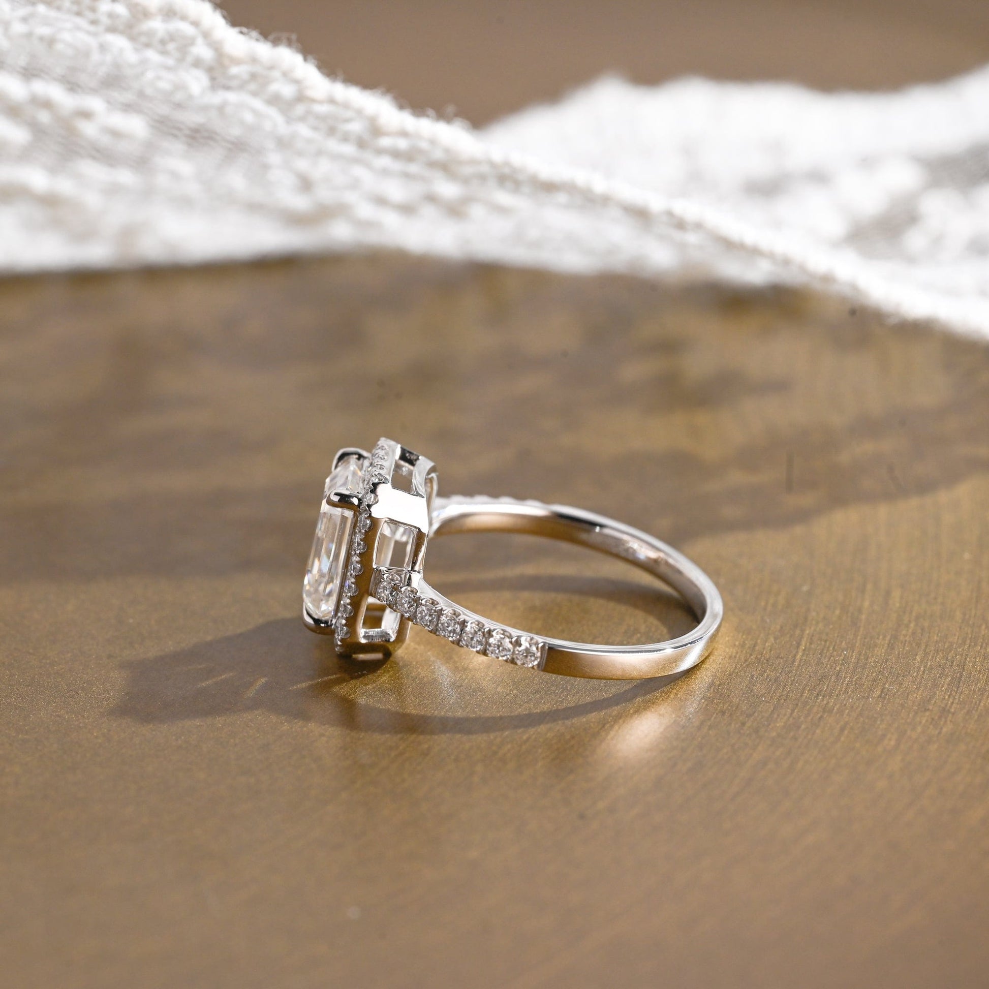 SquareJewelry emerald cut moissanite engagement ring Solid Gold Pave Halo Emerald Cut Moissanite Engagement Ring