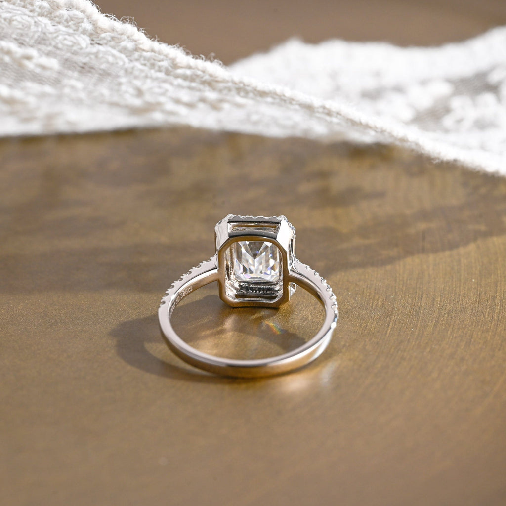 SquareJewelry emerald cut moissanite engagement ring Solid Gold Pave Halo Emerald Cut Moissanite Engagement Ring