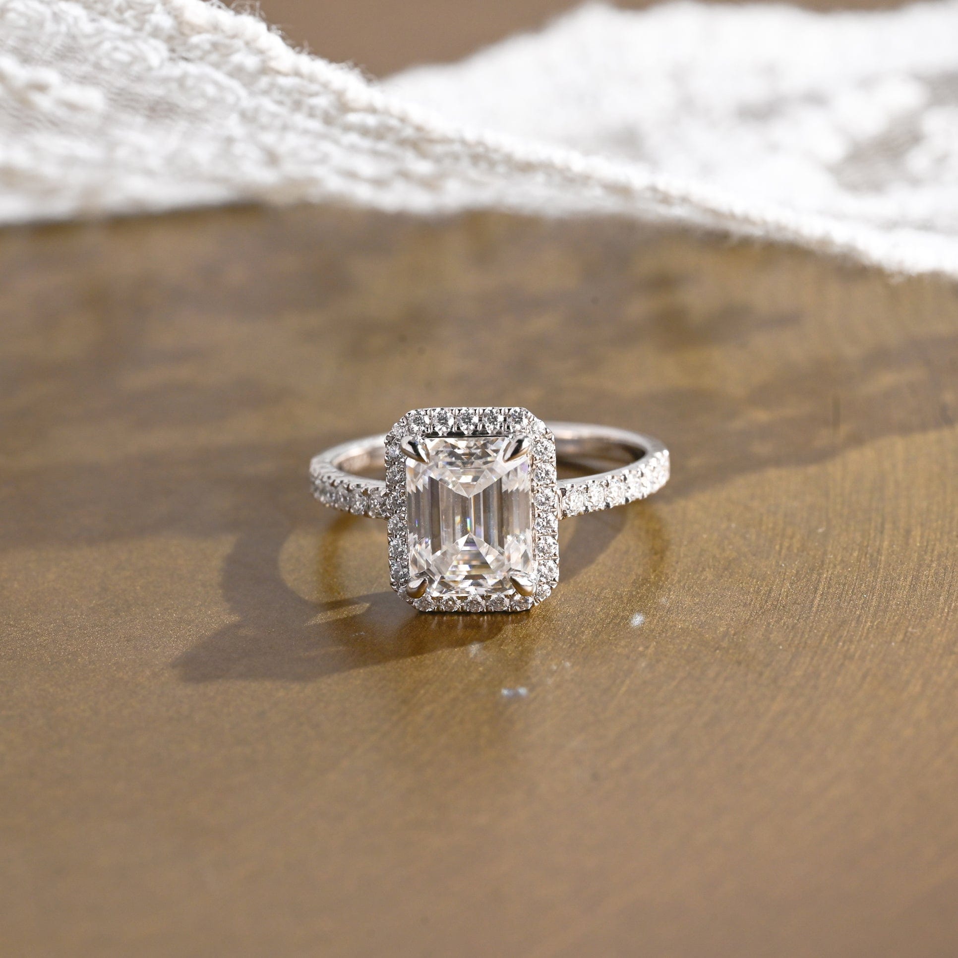 SquareJewelry emerald cut moissanite engagement ring Solid Gold Pave Halo Emerald Cut Moissanite Engagement Ring