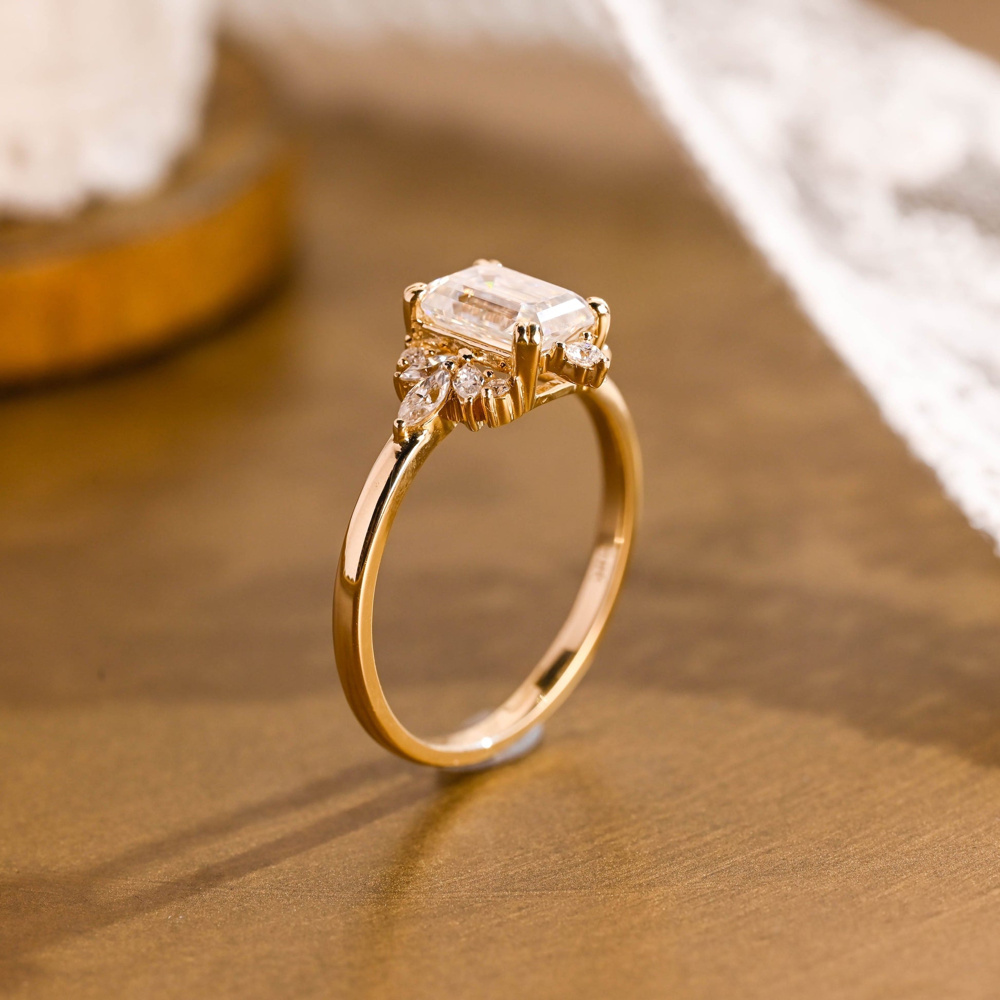 SquareJewelry emerald cut moissanite engagement ring Solid Gold Side Cluster Emerald Cut Moissanite Engagement Ring