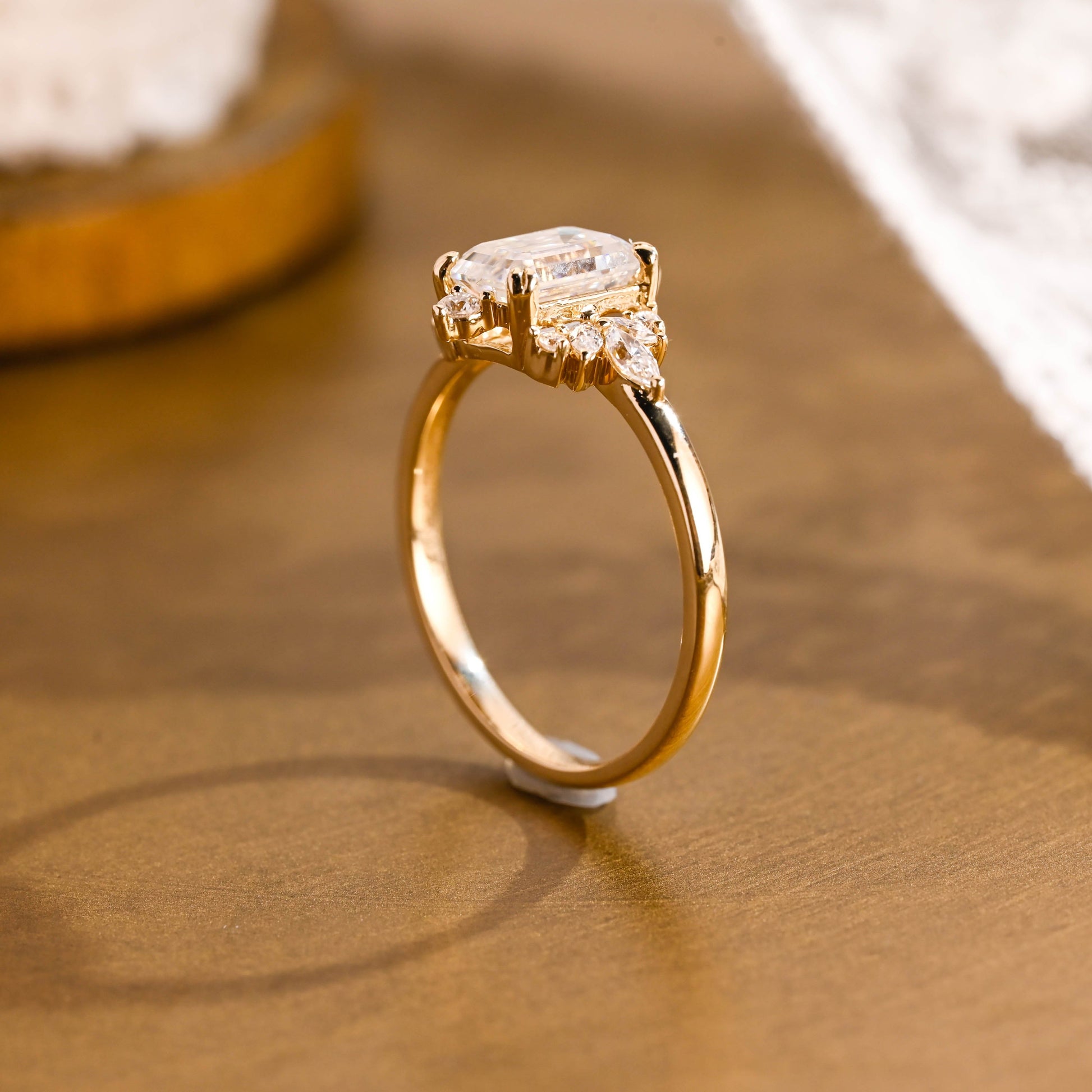 SquareJewelry emerald cut moissanite engagement ring Solid Gold Side Cluster Emerald Cut Moissanite Engagement Ring