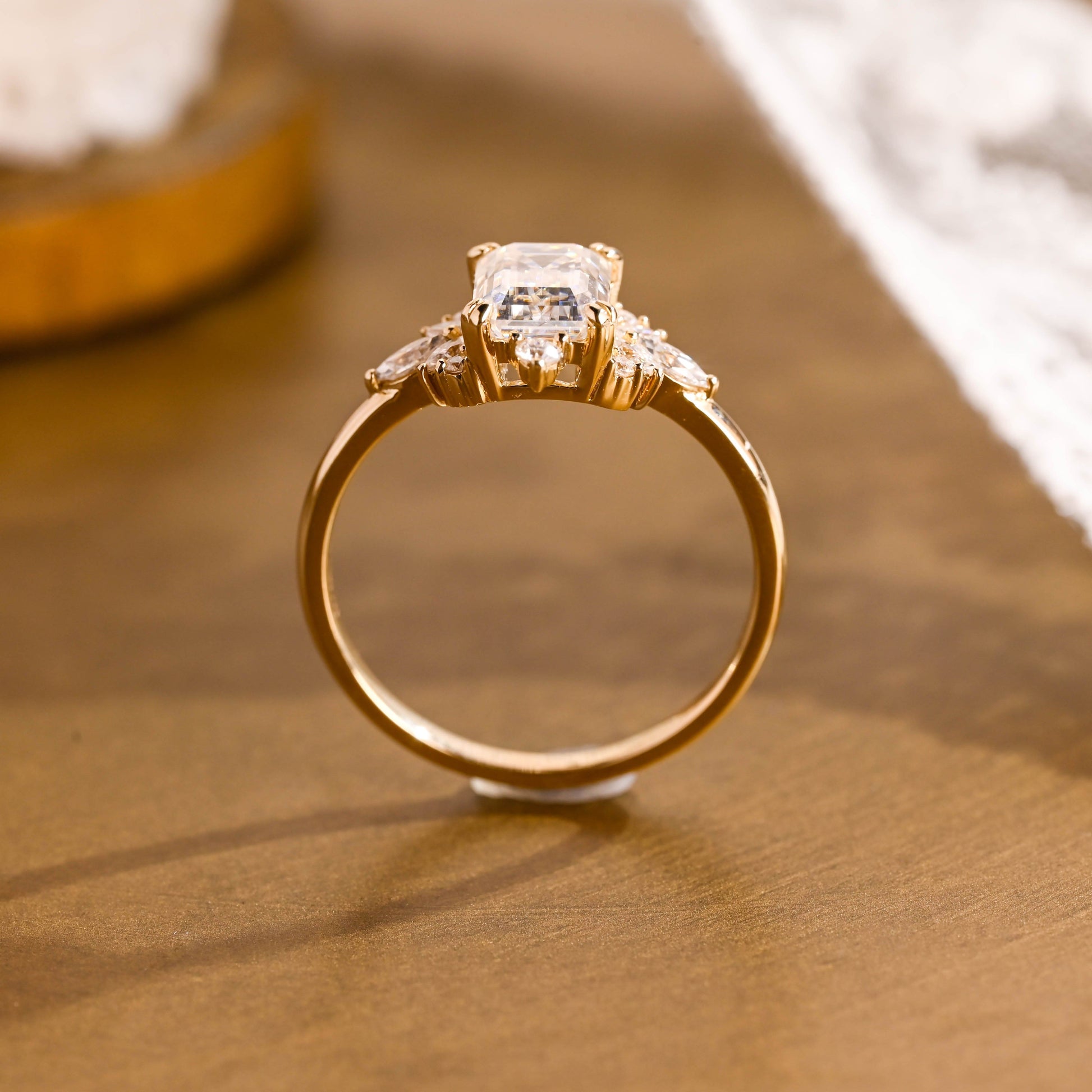 SquareJewelry emerald cut moissanite engagement ring Solid Gold Side Cluster Emerald Cut Moissanite Engagement Ring