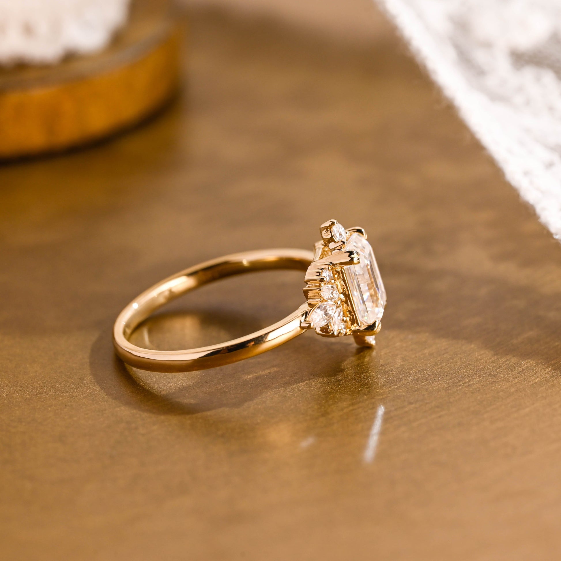 SquareJewelry emerald cut moissanite engagement ring Solid Gold Side Cluster Emerald Cut Moissanite Engagement Ring