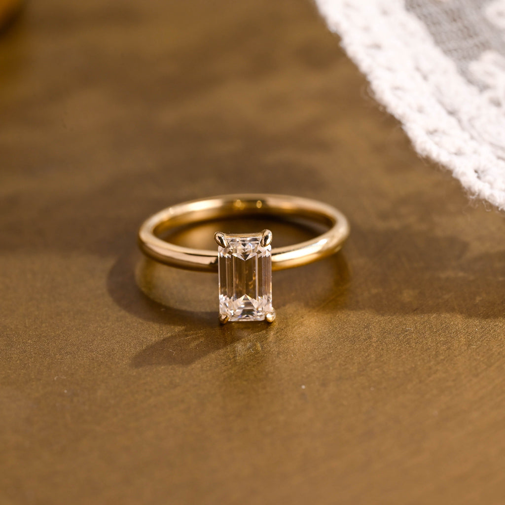 SquareJewelry emerald cut moissanite engagement ring Solid Gold Solitaire Elongated Emerald Cut Moissanite Engagement Ring
