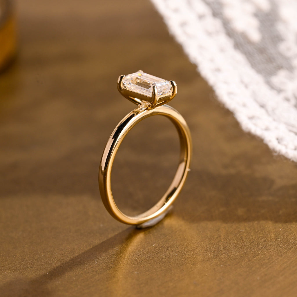 SquareJewelry emerald cut moissanite engagement ring Solid Gold Solitaire Elongated Emerald Cut Moissanite Engagement Ring