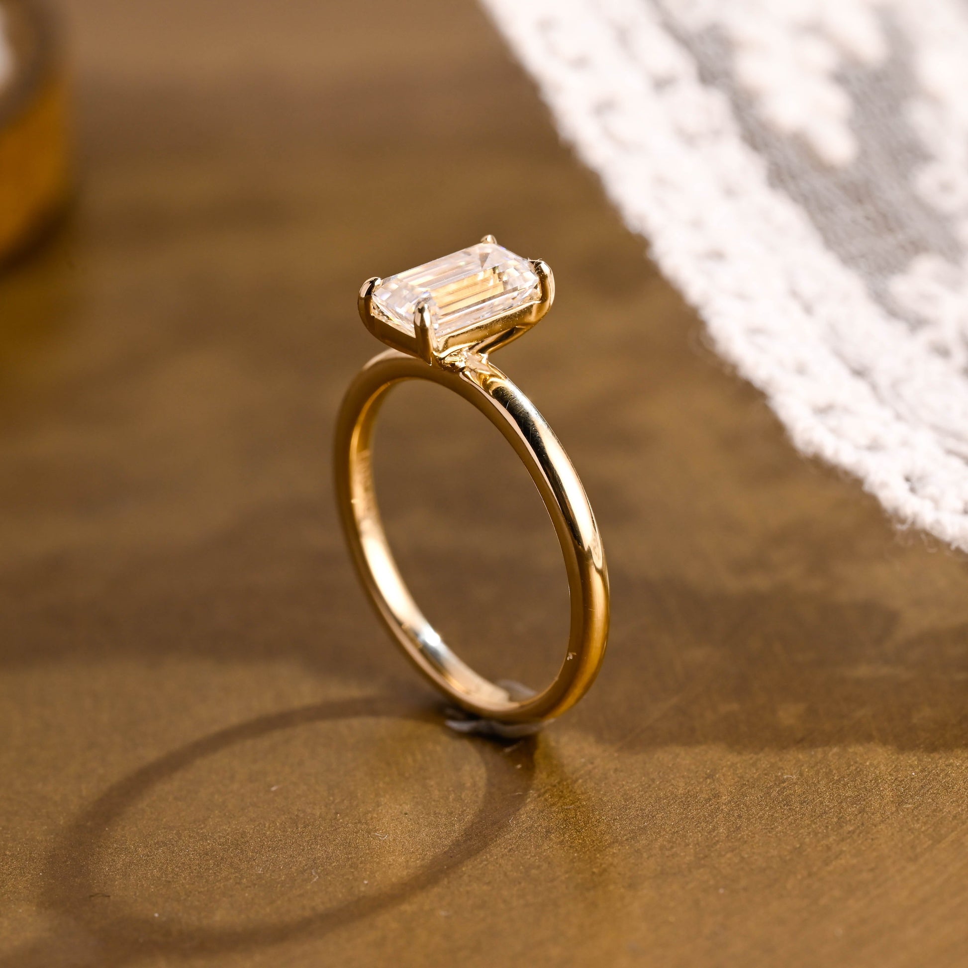 SquareJewelry emerald cut moissanite engagement ring Solid Gold Solitaire Elongated Emerald Cut Moissanite Engagement Ring