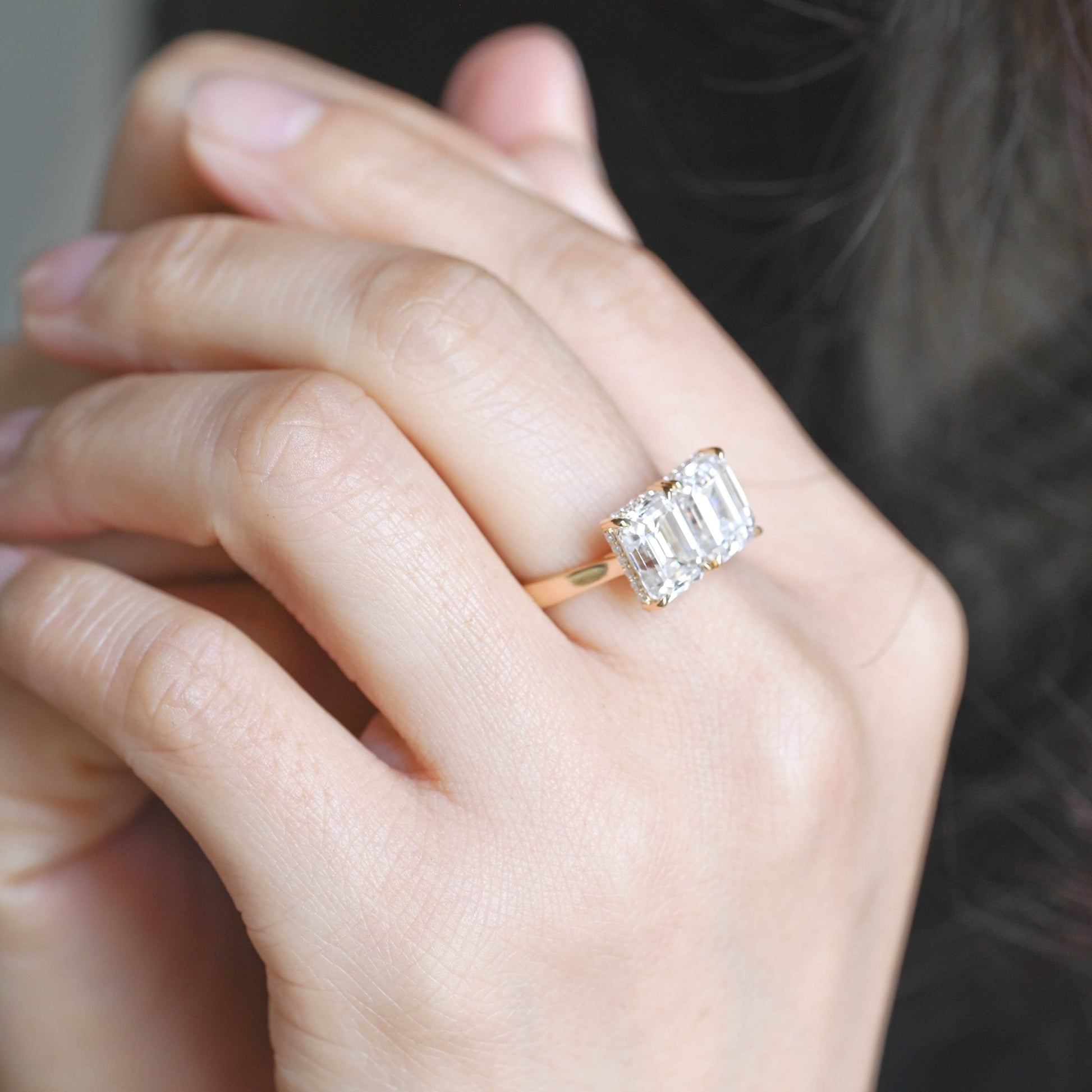 SquareJewelry emerald cut moissanite engagement ring Solid Gold Toi et Moi Emerald Cut Moissanite Engagement Ring