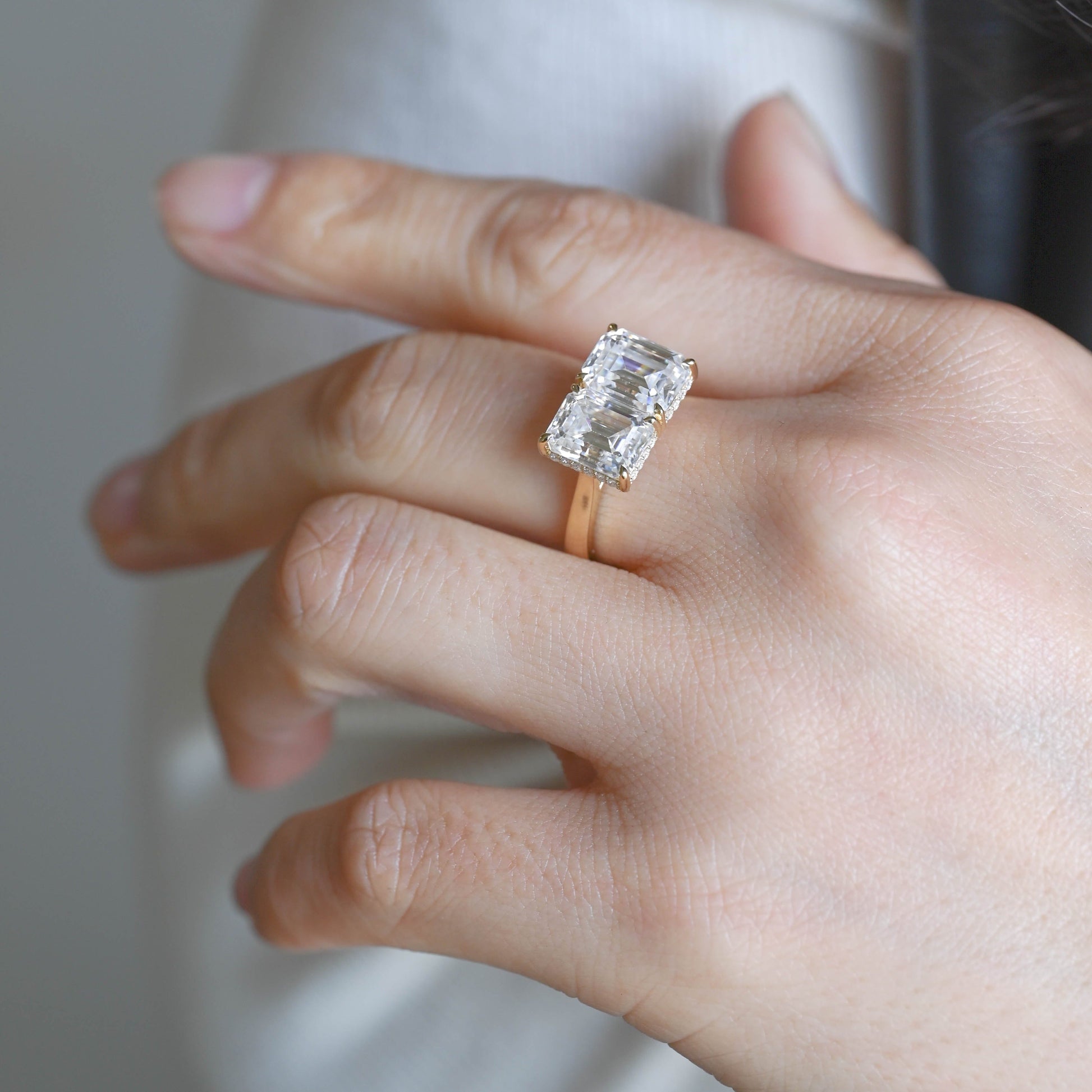 SquareJewelry emerald cut moissanite engagement ring Solid Gold Toi et Moi Emerald Cut Moissanite Engagement Ring