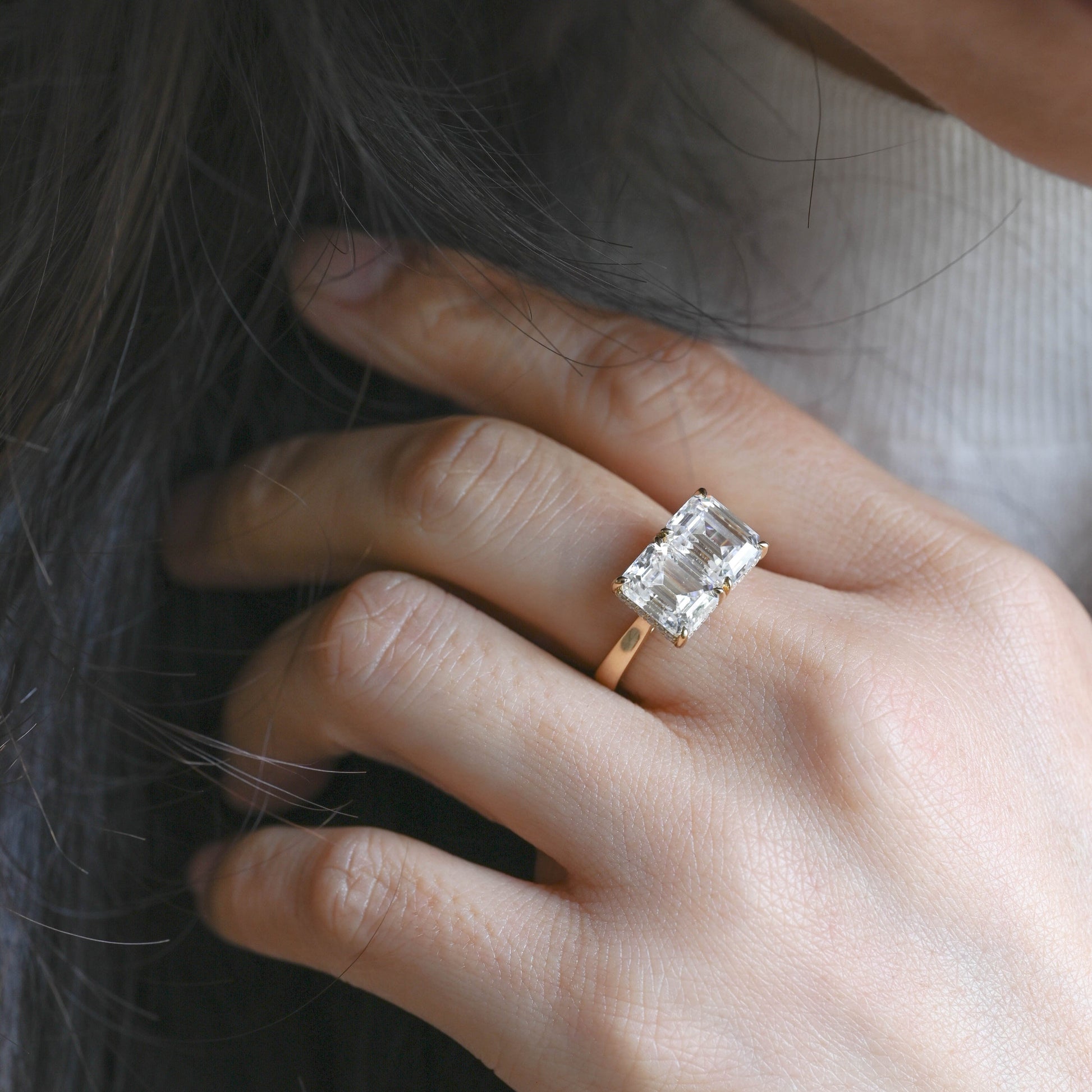 SquareJewelry emerald cut moissanite engagement ring Solid Gold Toi et Moi Emerald Cut Moissanite Engagement Ring