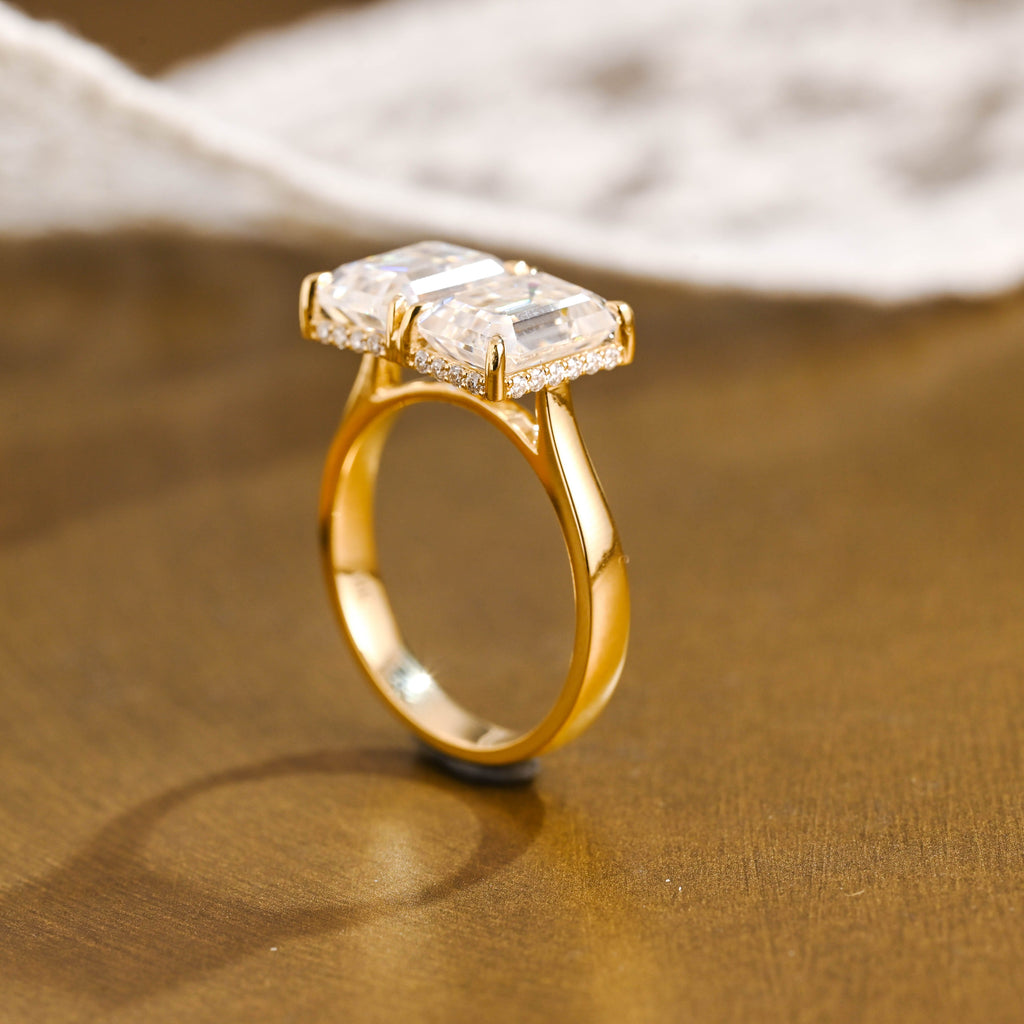 SquareJewelry emerald cut moissanite engagement ring Solid Gold Toi et Moi Emerald Cut Moissanite Engagement Ring