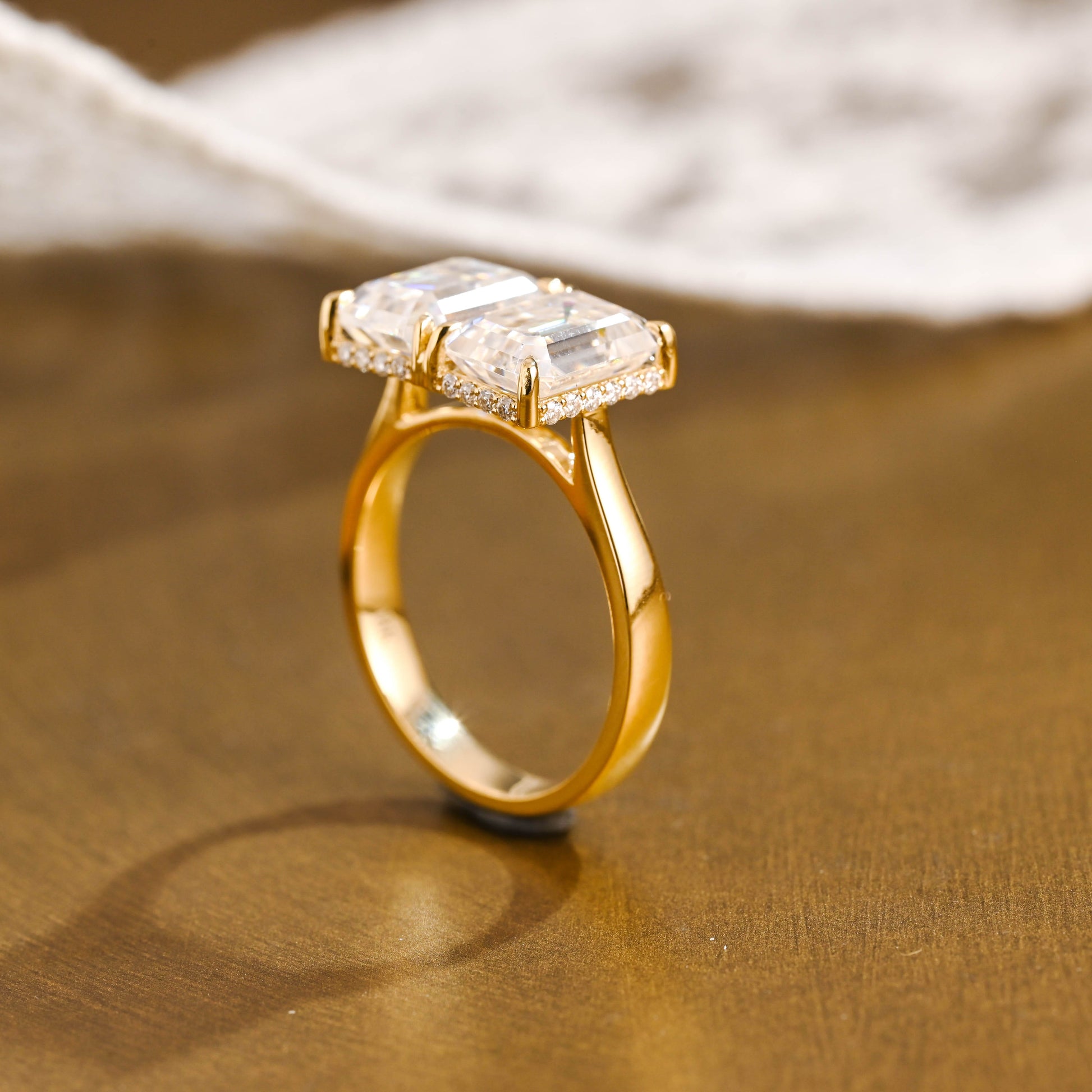 SquareJewelry emerald cut moissanite engagement ring Solid Gold Toi et Moi Emerald Cut Moissanite Engagement Ring