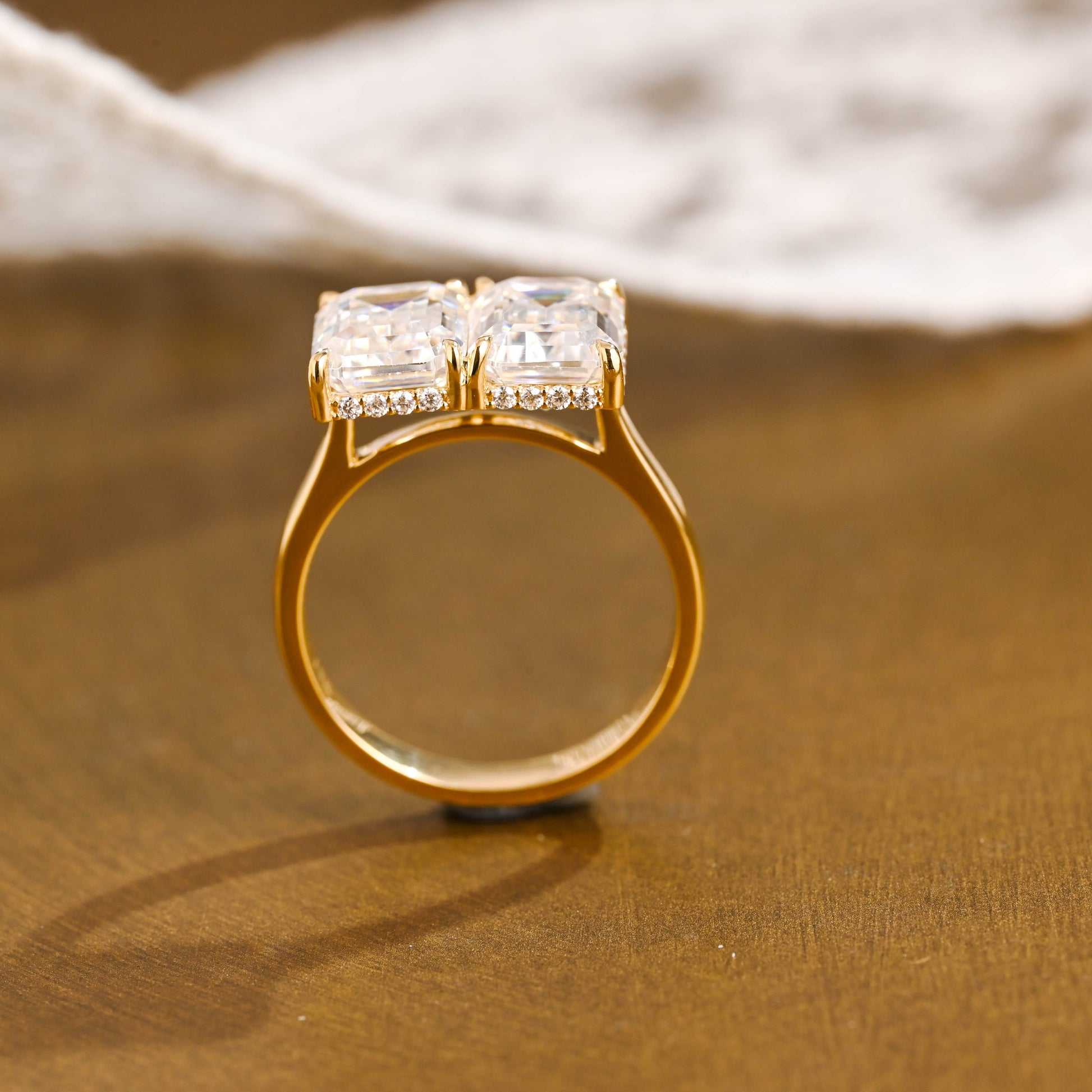 SquareJewelry emerald cut moissanite engagement ring Solid Gold Toi et Moi Emerald Cut Moissanite Engagement Ring