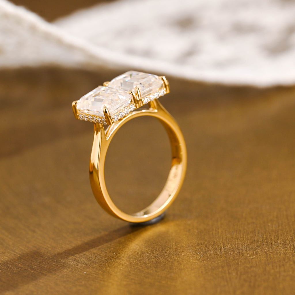 SquareJewelry emerald cut moissanite engagement ring Solid Gold Toi et Moi Emerald Cut Moissanite Engagement Ring