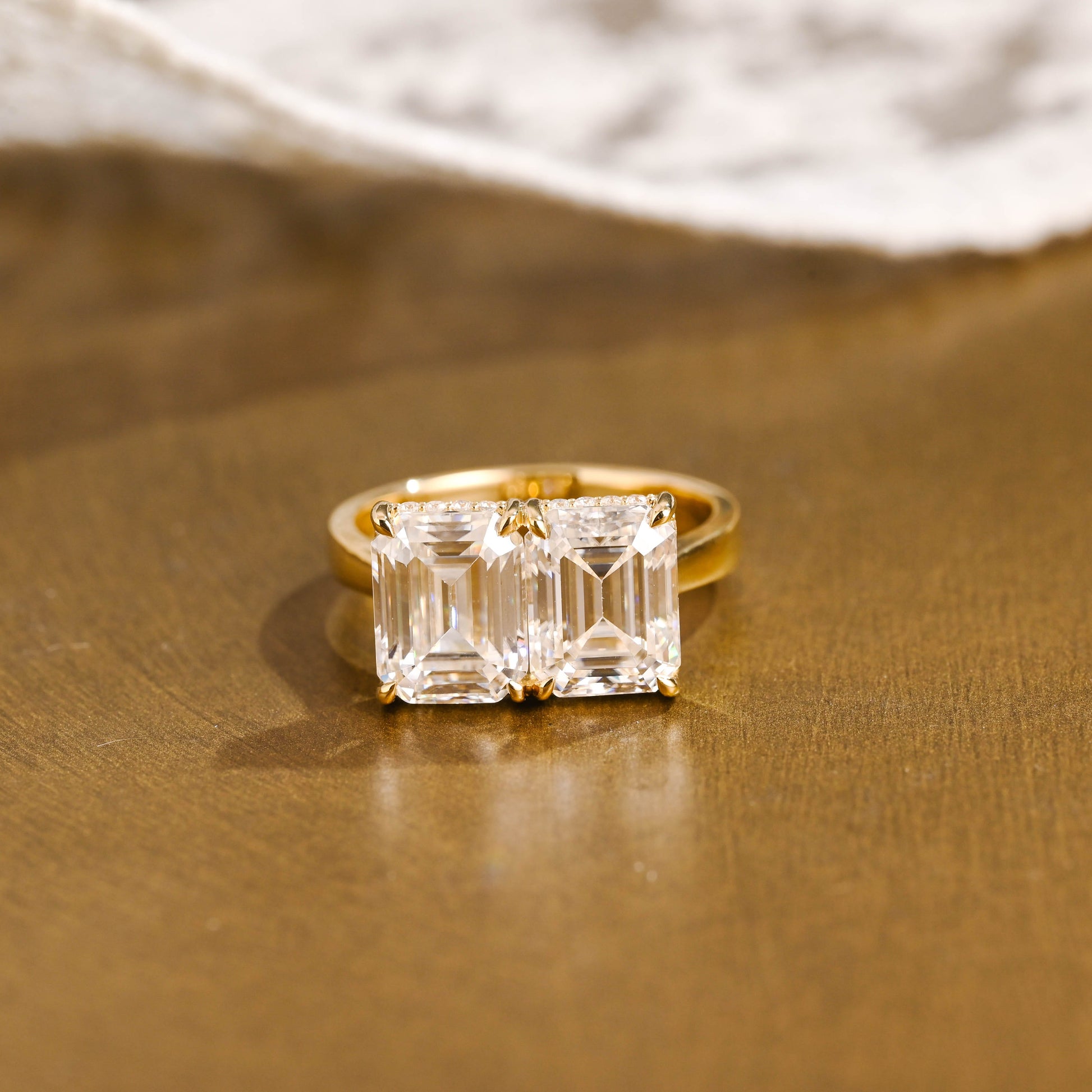 SquareJewelry emerald cut moissanite engagement ring Solid Gold Toi et Moi Emerald Cut Moissanite Engagement Ring