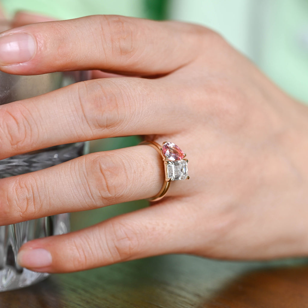 SquareJewelry emerald cut moissanite engagement ring Solid Gold Toi et Moi Emerald Cut Moissanite & Pear Cut Pink Sapphire Engagement Ring