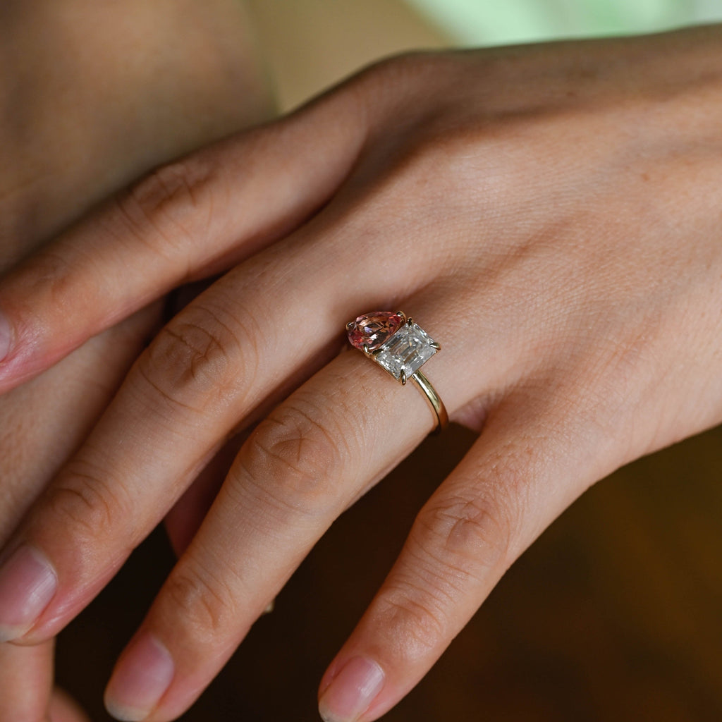 SquareJewelry emerald cut moissanite engagement ring Solid Gold Toi et Moi Emerald Cut Moissanite & Pear Cut Pink Sapphire Engagement Ring