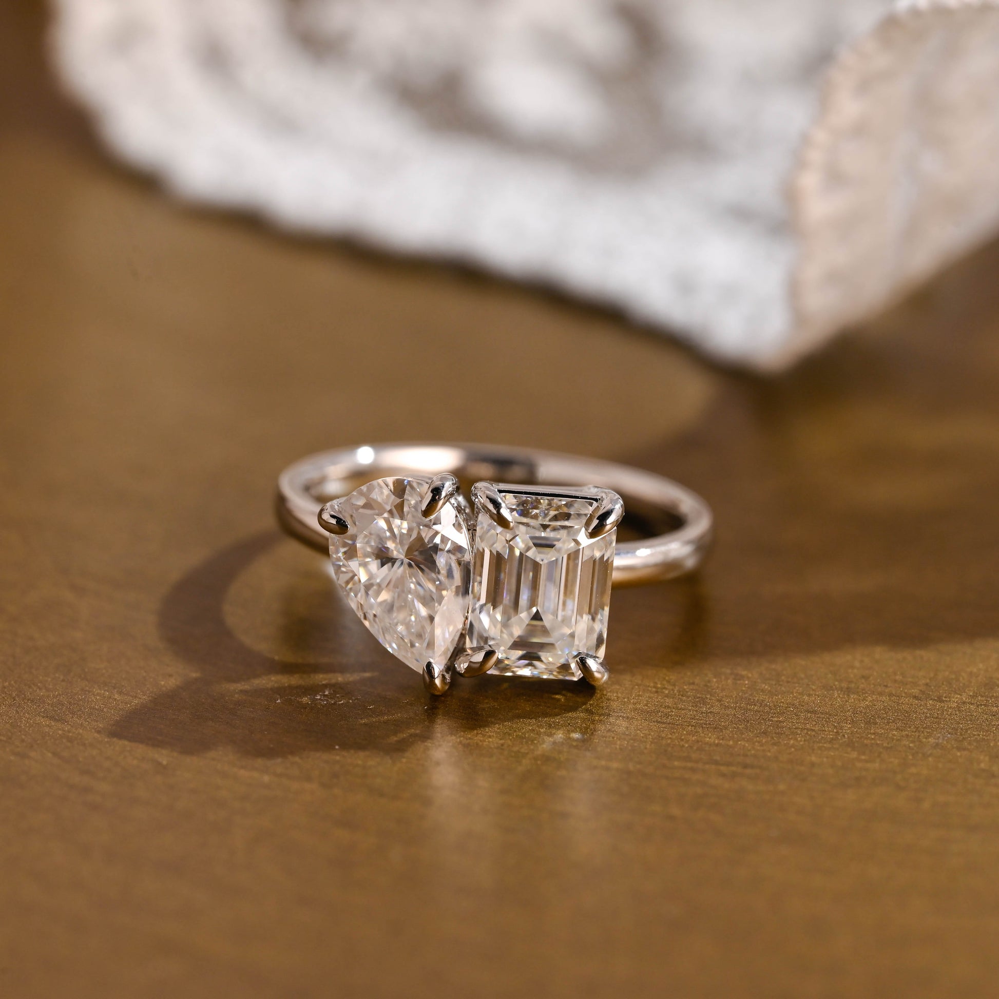SquareJewelry emerald cut moissanite engagement ring Solid Gold Toi et Moi Emerald Cut & Pear Cut Moissanite Engagement Ring